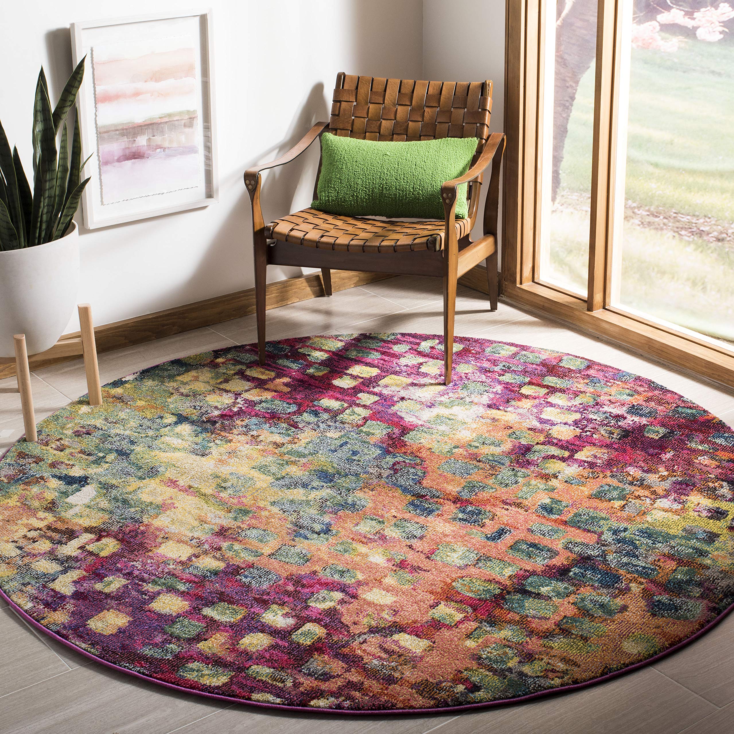 SAFAVIEH Monaco Collection 67 Round Pink/Multi MNC225D Boho Chic Abstract Watercolor Non-Shedding Dining Room Entryway Foyer Li