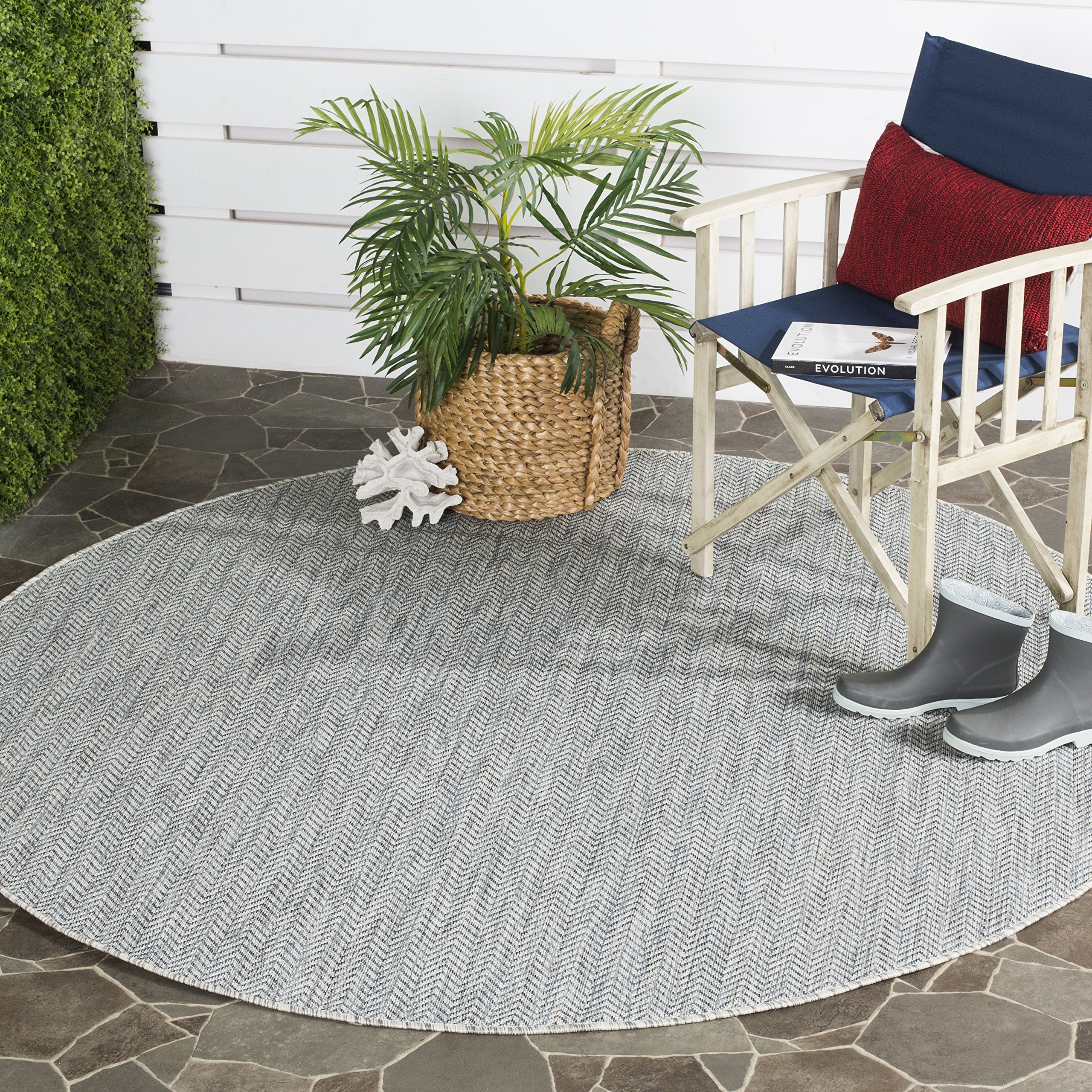 SAFAVIEH Courtyard Collection Area Rug - 7'1 Round, Grey & Navy, Non-Shedding & Easy Care, Indoor/Outdoor & Washable-Ideal for P