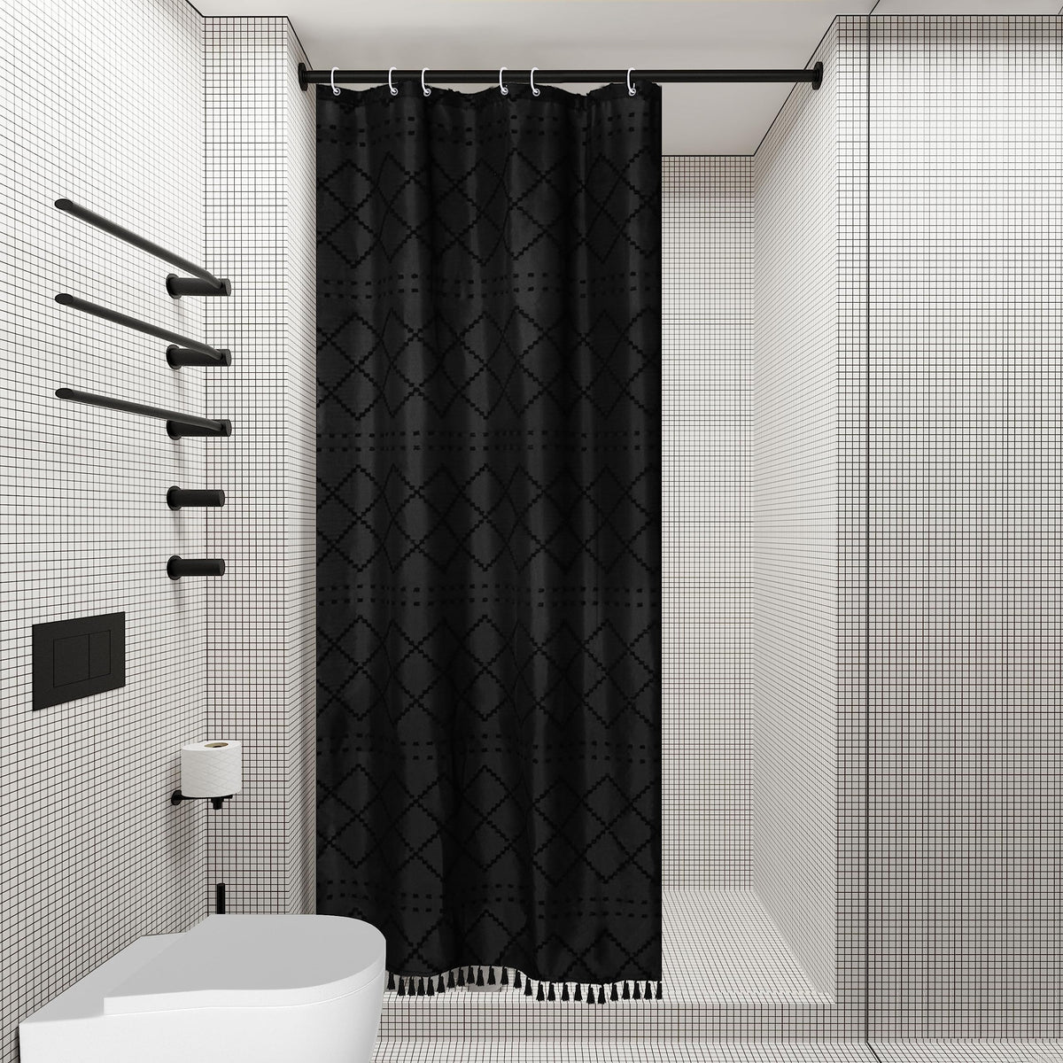 Siiluminisoy Small Stall Boho Shower Curtain Black Tassle Woven Fabric Shower Curtain 36 X 72 Half Size Tufted Chevron Striped T