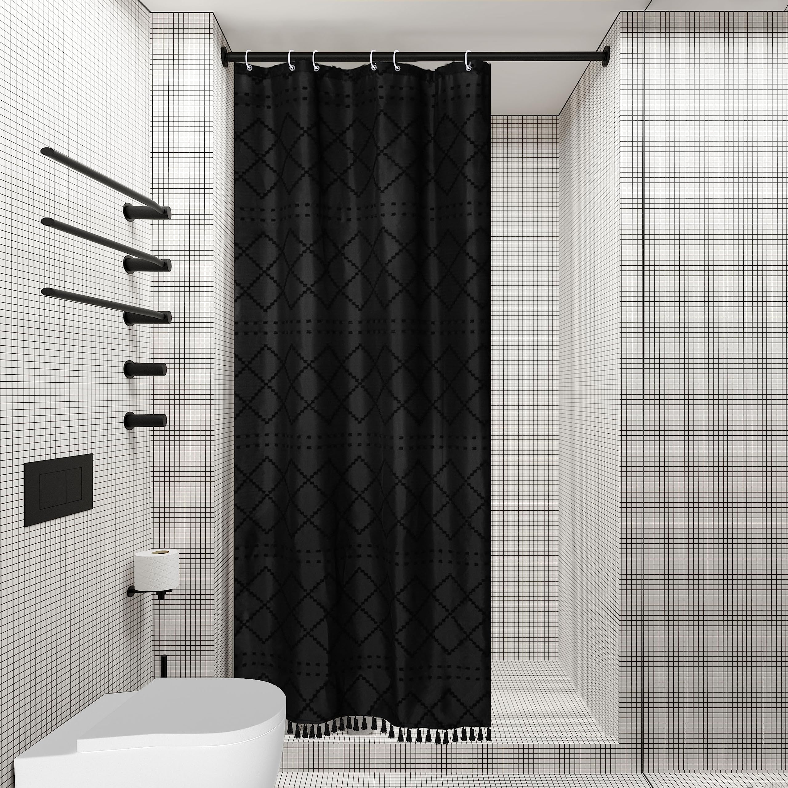 Siiluminisoy Small Stall Boho Shower Curtain Black Tassle Woven Fabric Shower Curtain 36 X 72 Half Size Tufted Chevron Striped T