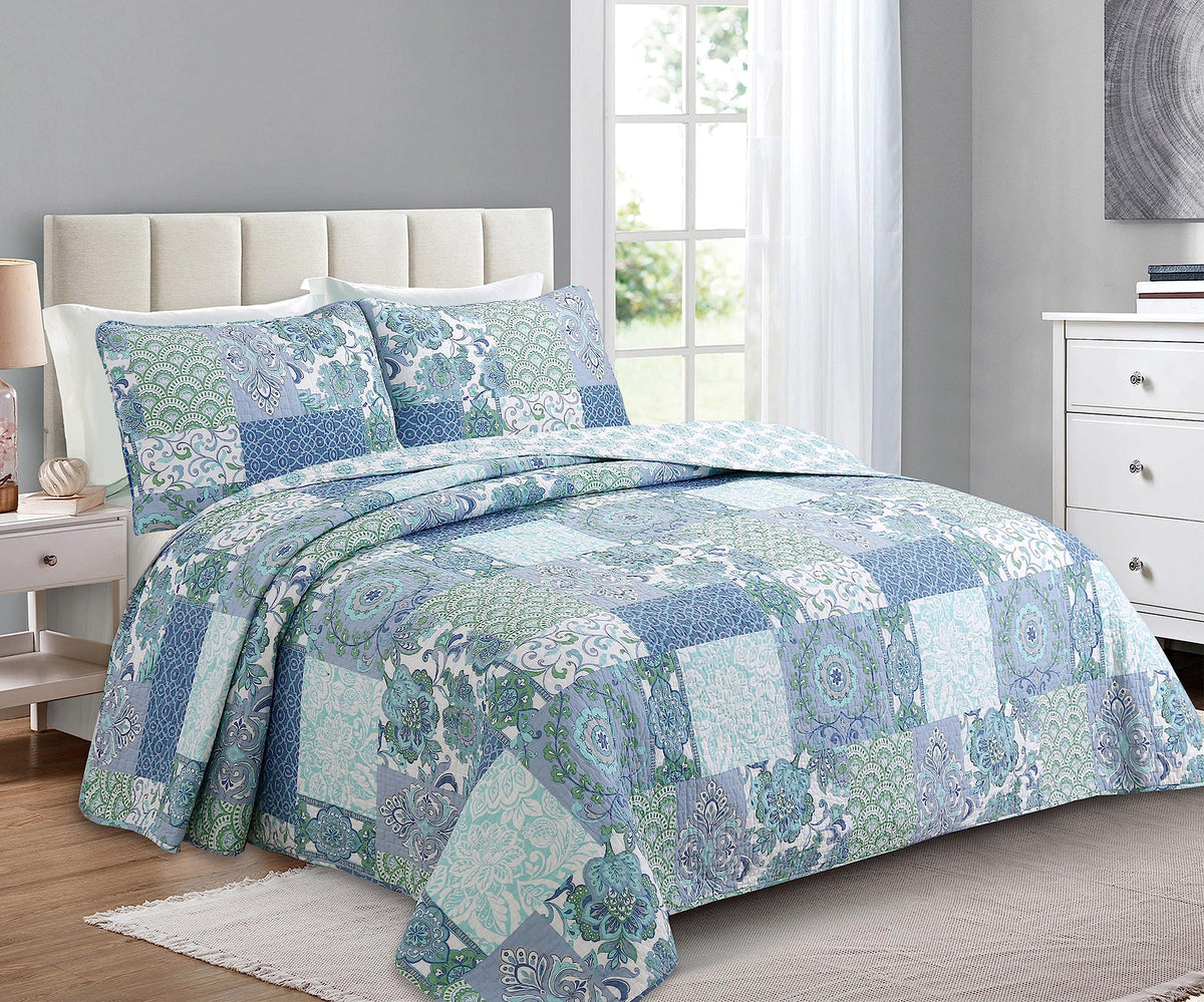 Cozy Line Home Fashions Blue Fleur-De-Lis Stylish Floral Aqua Blue Patchwork 100% Cotton Reversible Bedding Quilt Set, Bedspread