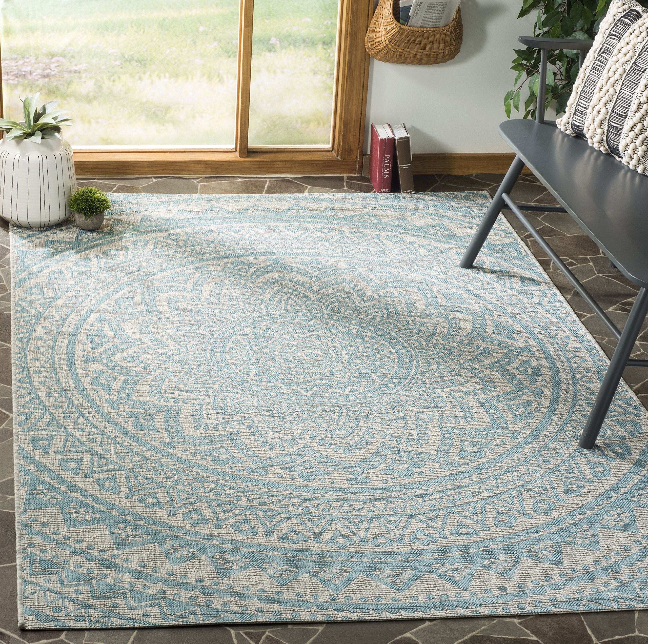 Safavieh Courtyard Collection 6'7' Square Light Grey / Aqua Cy8734 Indoor/ Outdoor Waterproof Easy Cleaning Patio Backyard Mudroom Area Rug