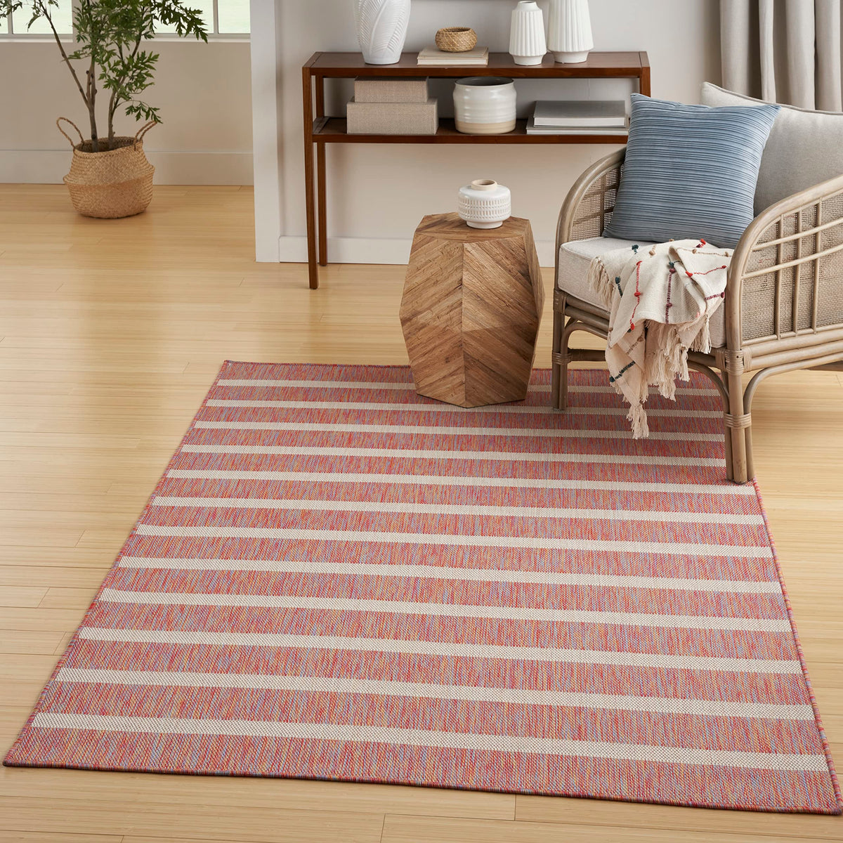 Nourison Positano Indoor/Outdoor Rainbow Ivory 5' X 7' Area Rug, Easy Cleaning, Non Shedding, Bed Room, Living Room, Dining Room