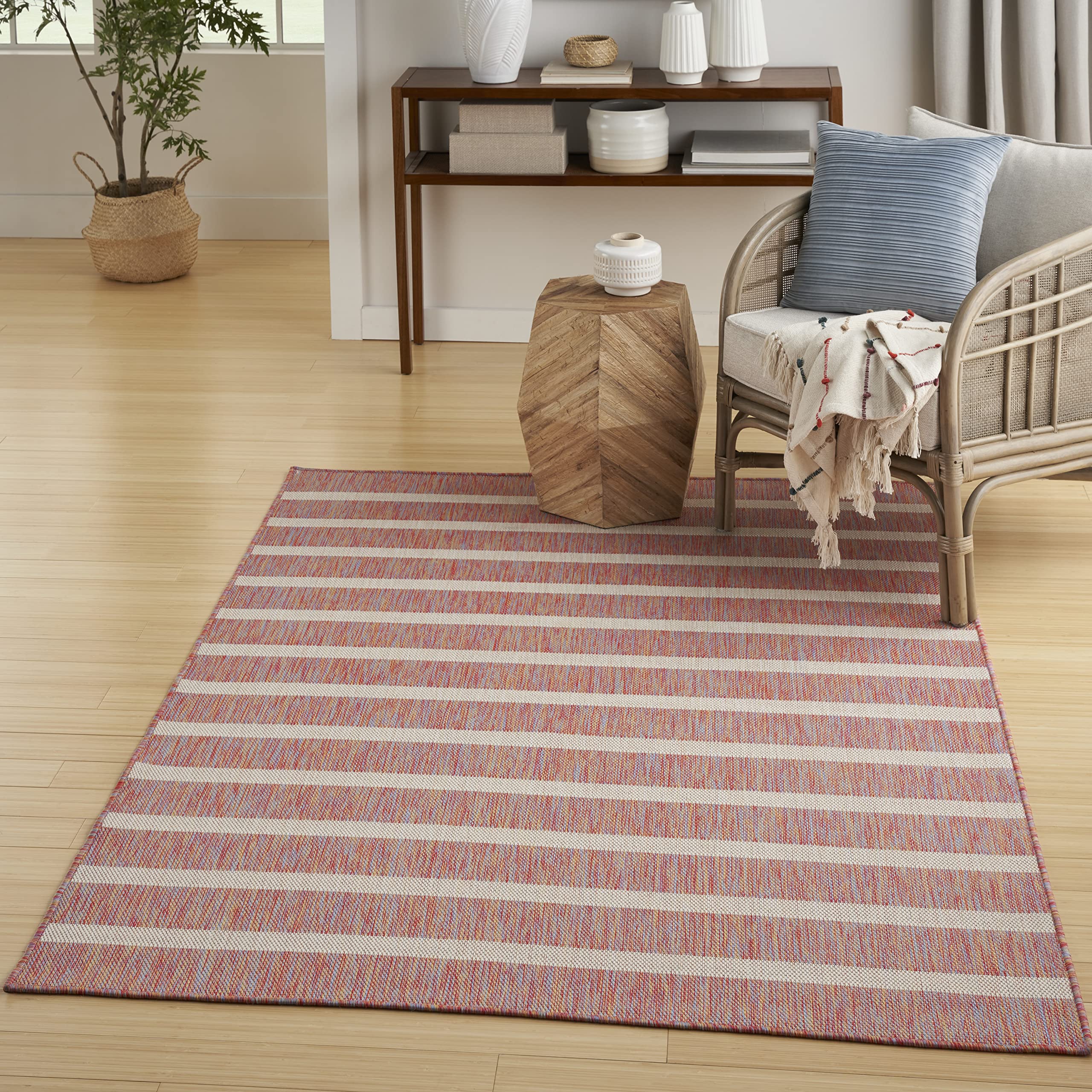 Nourison Positano Indoor/Outdoor Rainbow Ivory 5' X 7' Area Rug, Easy Cleaning, Non Shedding, Bed Room, Living Room, Dining Room