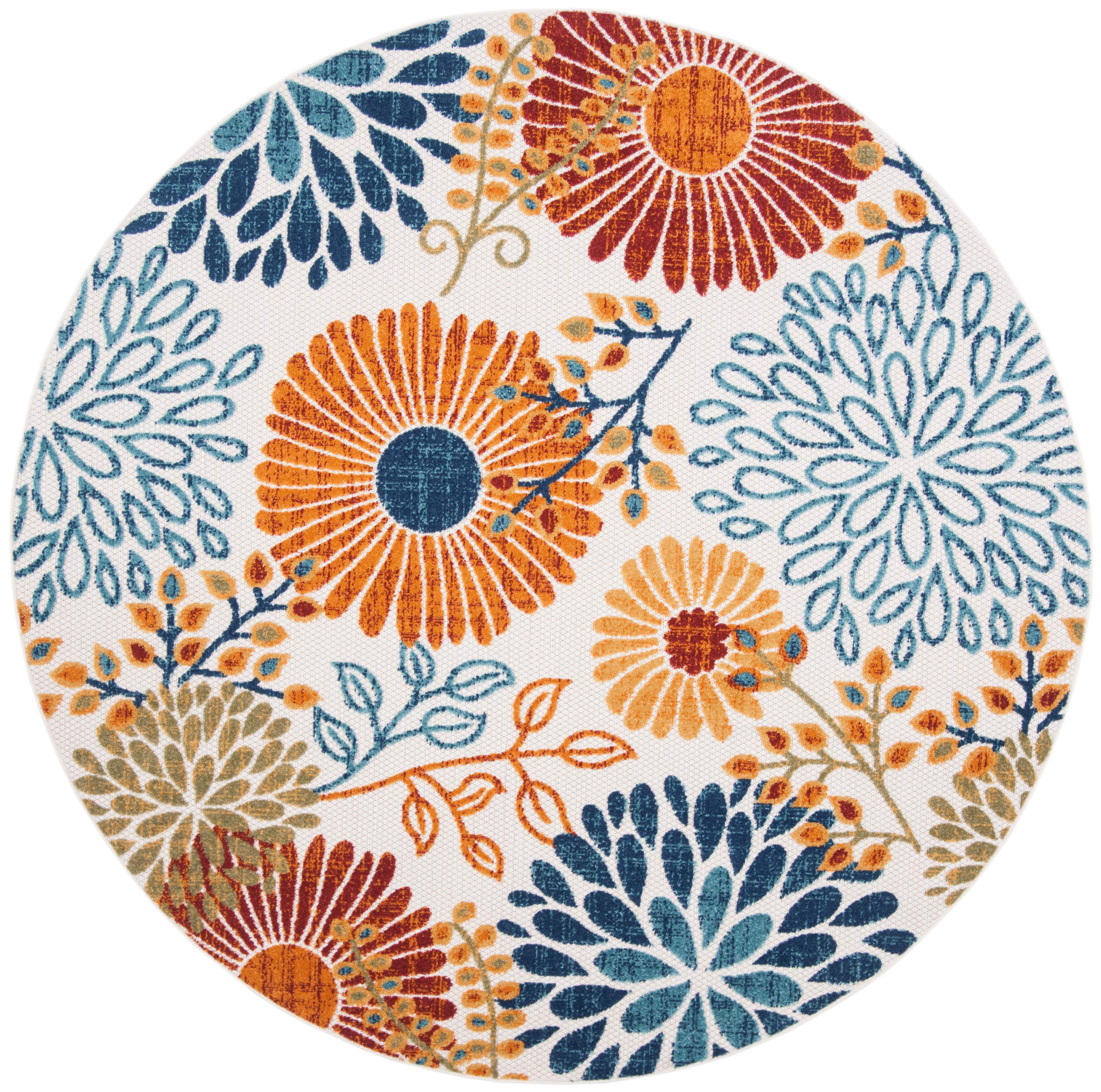 Safavieh Cabana Collection 3' Round Cream/Red Cbn832A Floral Indoor/ Outdoor Non-Shedding Easy Cleaning Patio Backyard Deck Porch Mudroom Area Rug