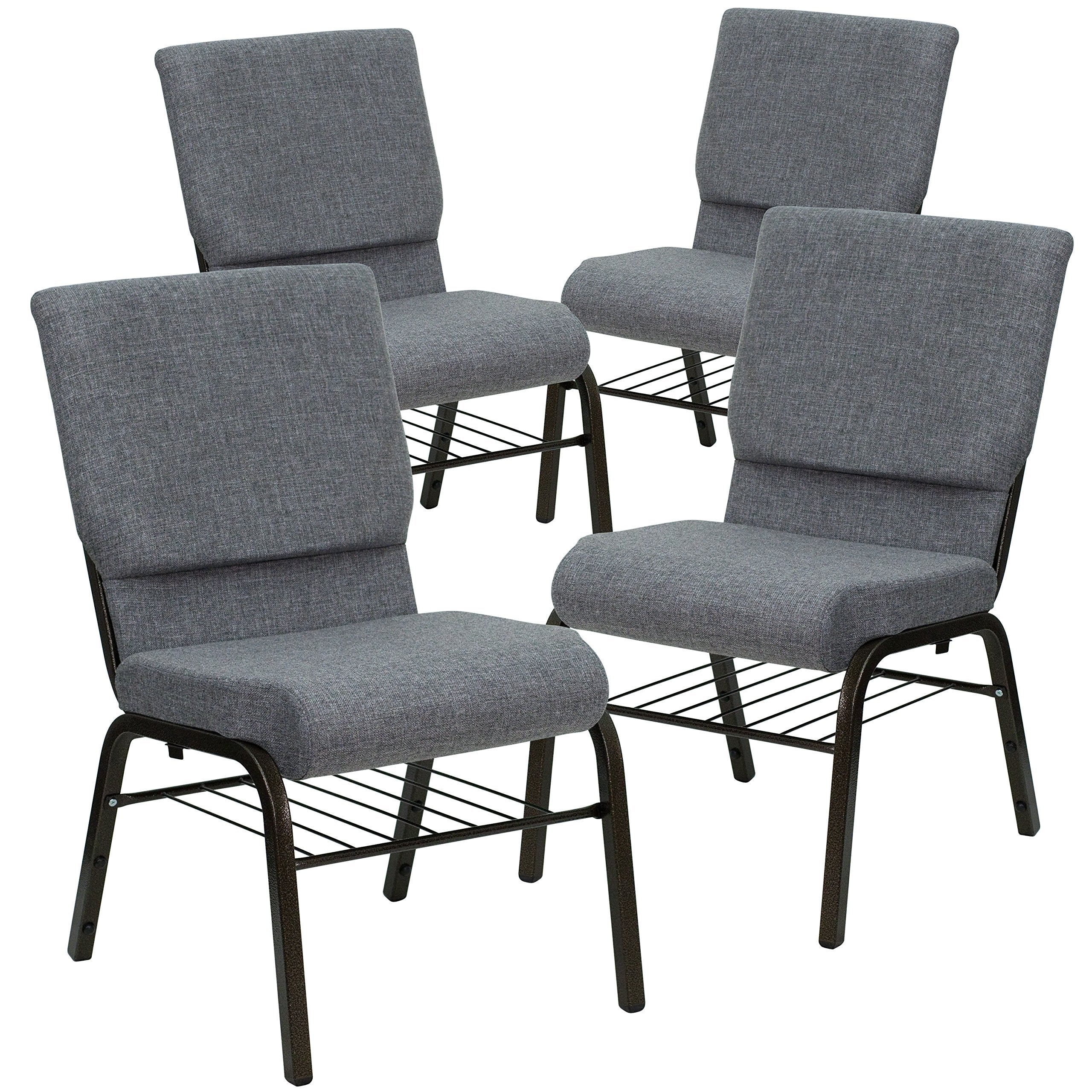 4 Pk. 18.5W Gray Fabric Church Chair, Book Rack - Gold Vein Frame
