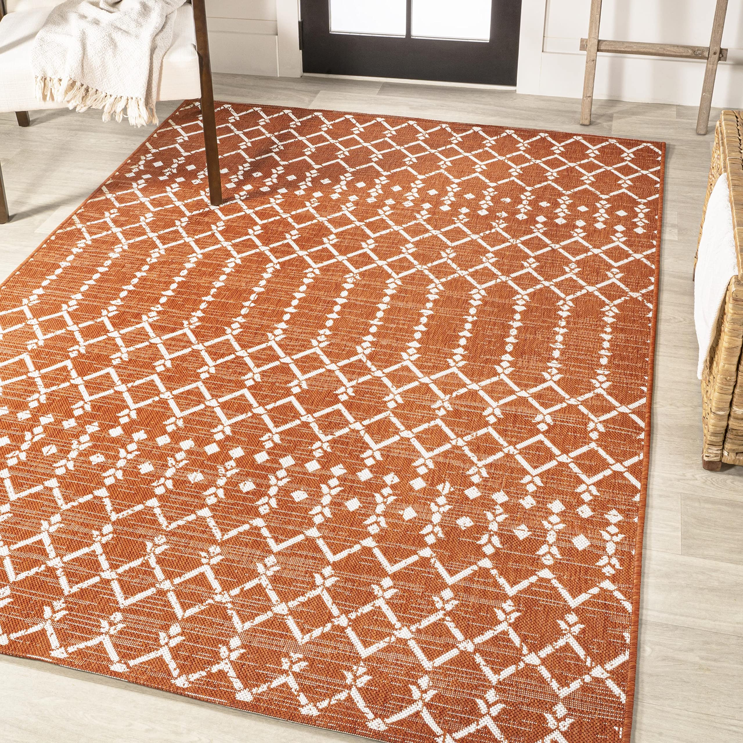 Jonathan Y Smb108P-4 Ourika Moroccan Geometric Textured Weave Indoor Outdoor Area-Rug, Bohemian Rustic Scandinavian Easy-Cleaning,Bedroom,Kitchen,Backyard,Patio,Non Shedding, 4 X 6, Orange/Cream