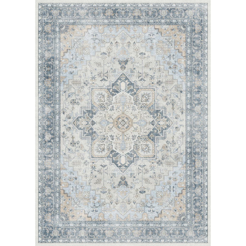 Beimo Area Rug 9X12 Machine Washable Vintage Distressed Print Blue Floral Medallion Accent Bedroom Living Room Hallway Entryway