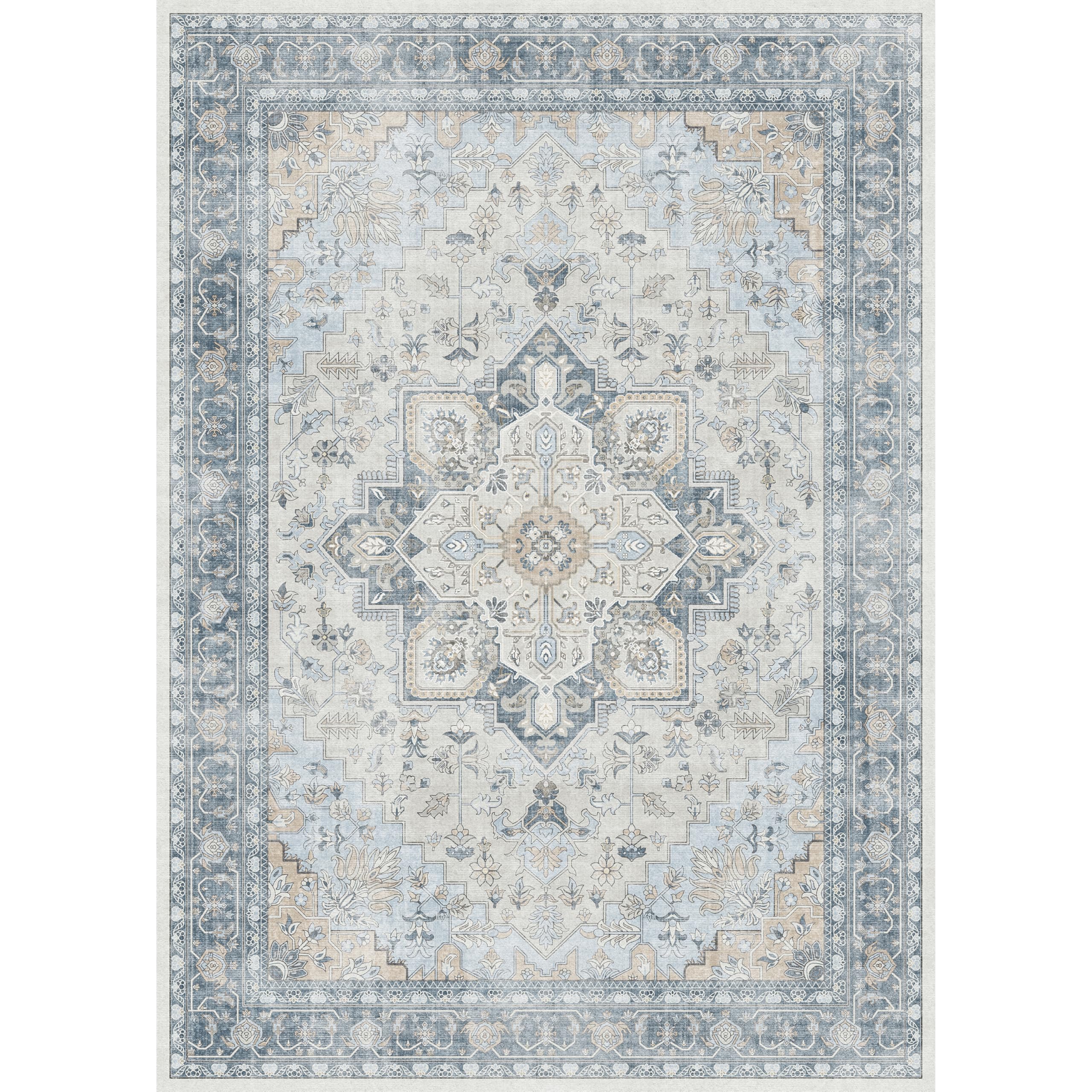 Beimo Area Rug 9X12 Machine Washable Vintage Distressed Print Blue Floral Medallion Accent Bedroom Living Room Hallway Entryway