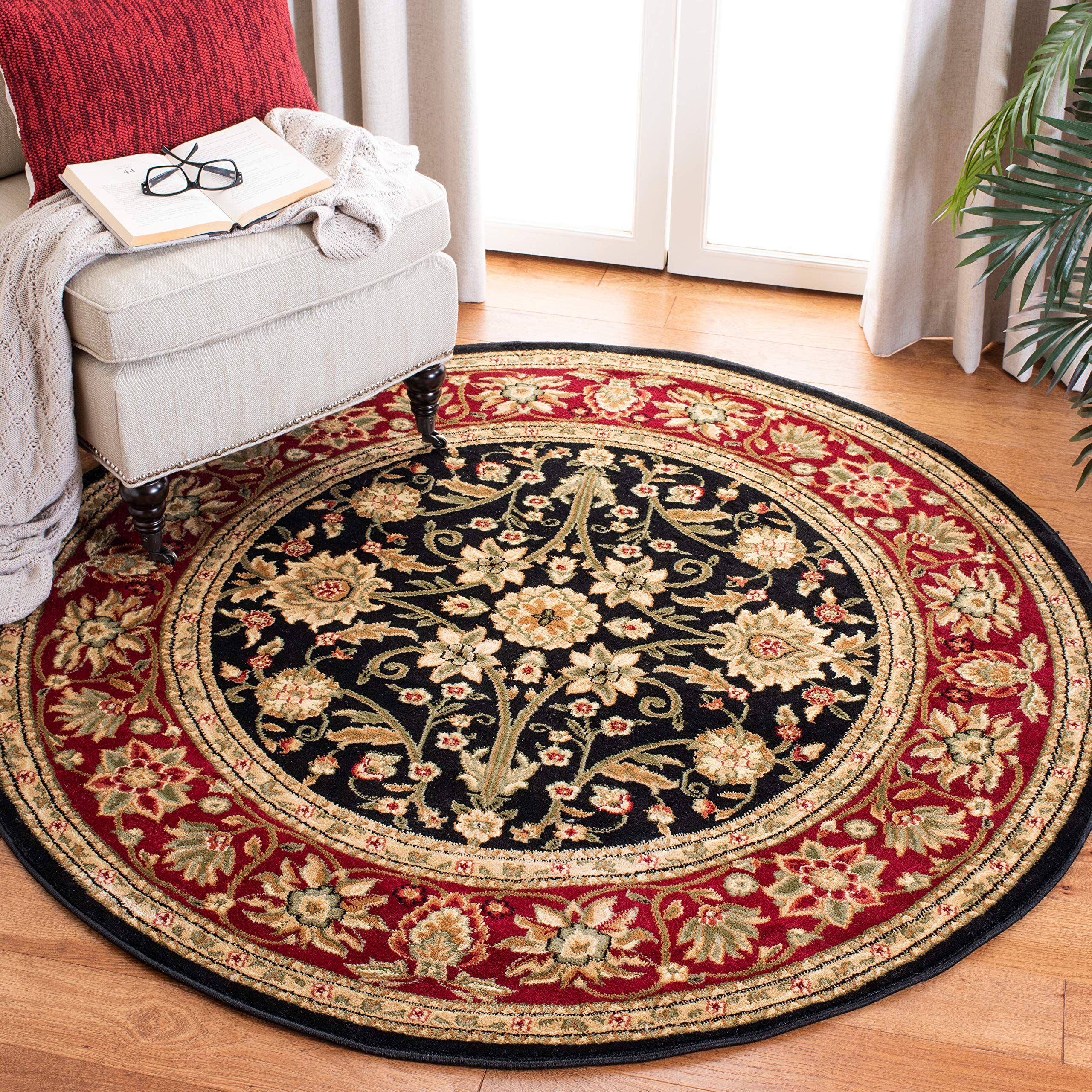 SAFAVIEH Lyndhurst Collection Area Rug - 6 Round, Black & Red, Traditional Oriental Design, Non-Shedding & Easy Care, Ideal for