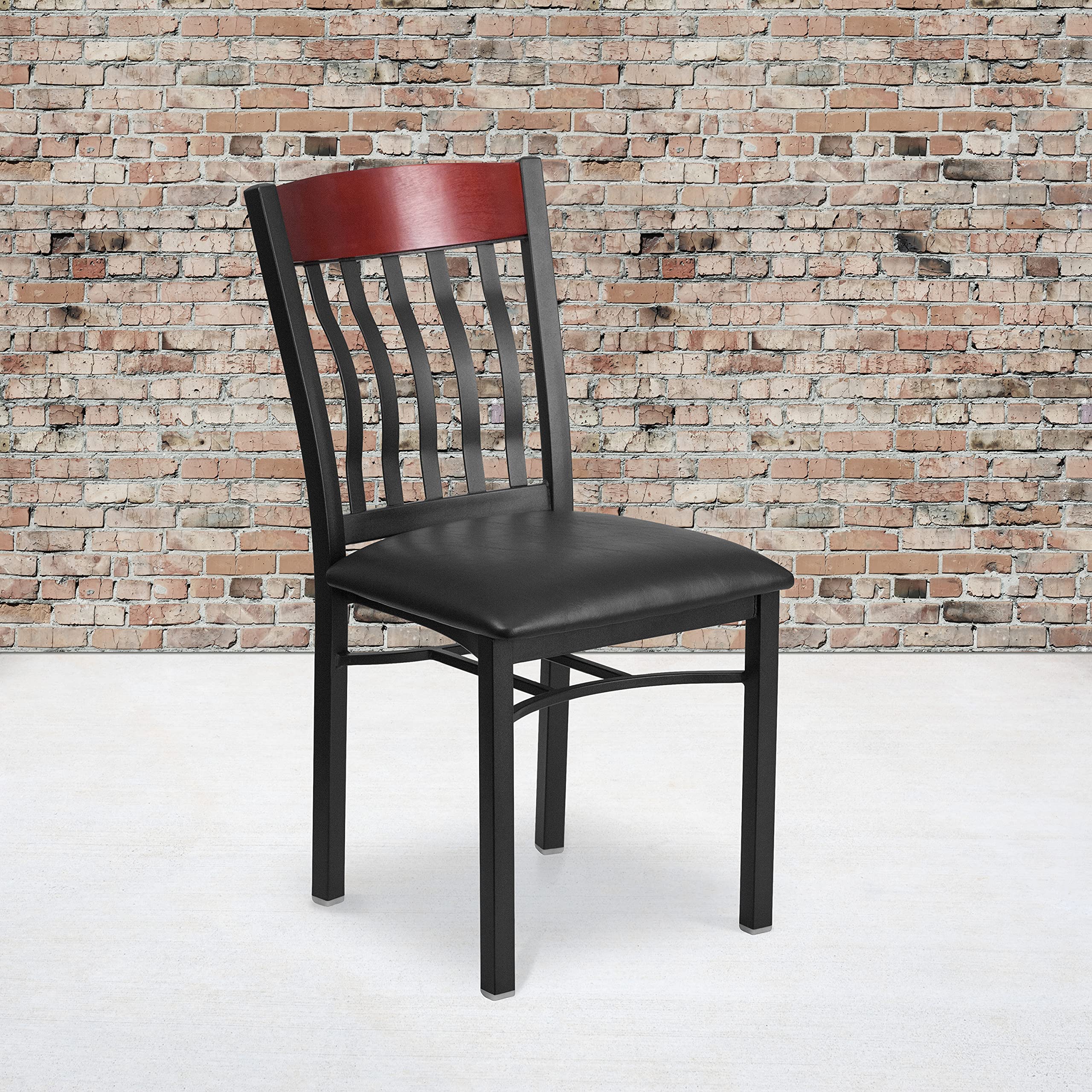 Flash Furniture Eclipse Series Vertical Back Black Metal And Mahogany Wood Restaurant Chair With Black Vinyl Seat