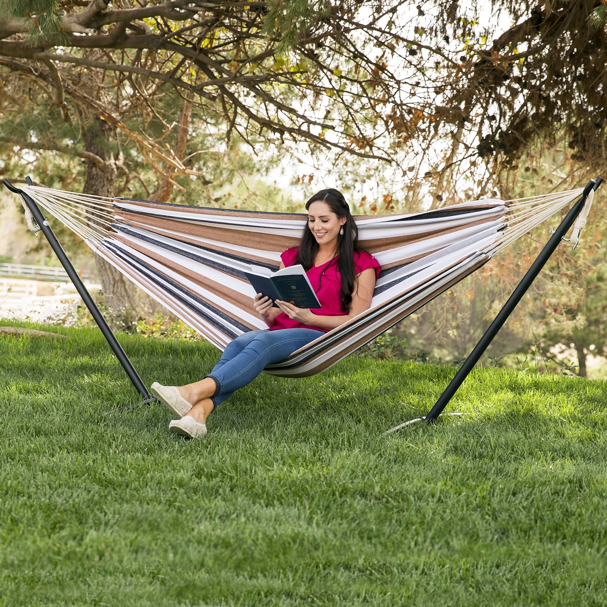 Best Choice Products Double Hammock With Steel Stand, Indoor Outdoor Brazilian-Style Cotton Bed W/Carrying Bag, 2-Person Capacity - Desert Stripes