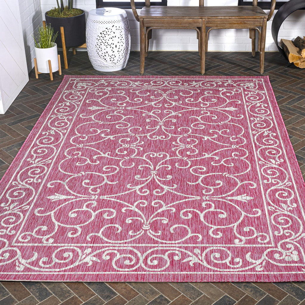 Jonathan Y Smb106J-9 Charleston Vintage Filigree Textured Weave Indoor Outdoor Area-Rug, Classic Traditional Easy-Cleaning,Bedroom,Kitchen,Backyard,Patio,Non Shedding, 9 X 12, Fuchsia/Light Gray
