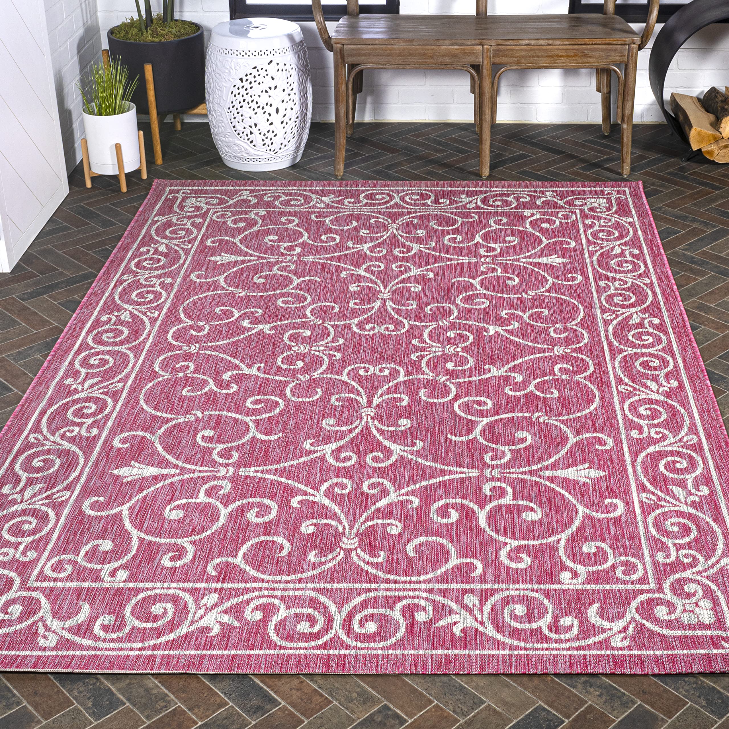 Jonathan Y Smb106J-9 Charleston Vintage Filigree Textured Weave Indoor Outdoor Area-Rug, Classic Traditional Easy-Cleaning,Bedroom,Kitchen,Backyard,Patio,Non Shedding, 9 X 12, Fuchsia/Light Gray