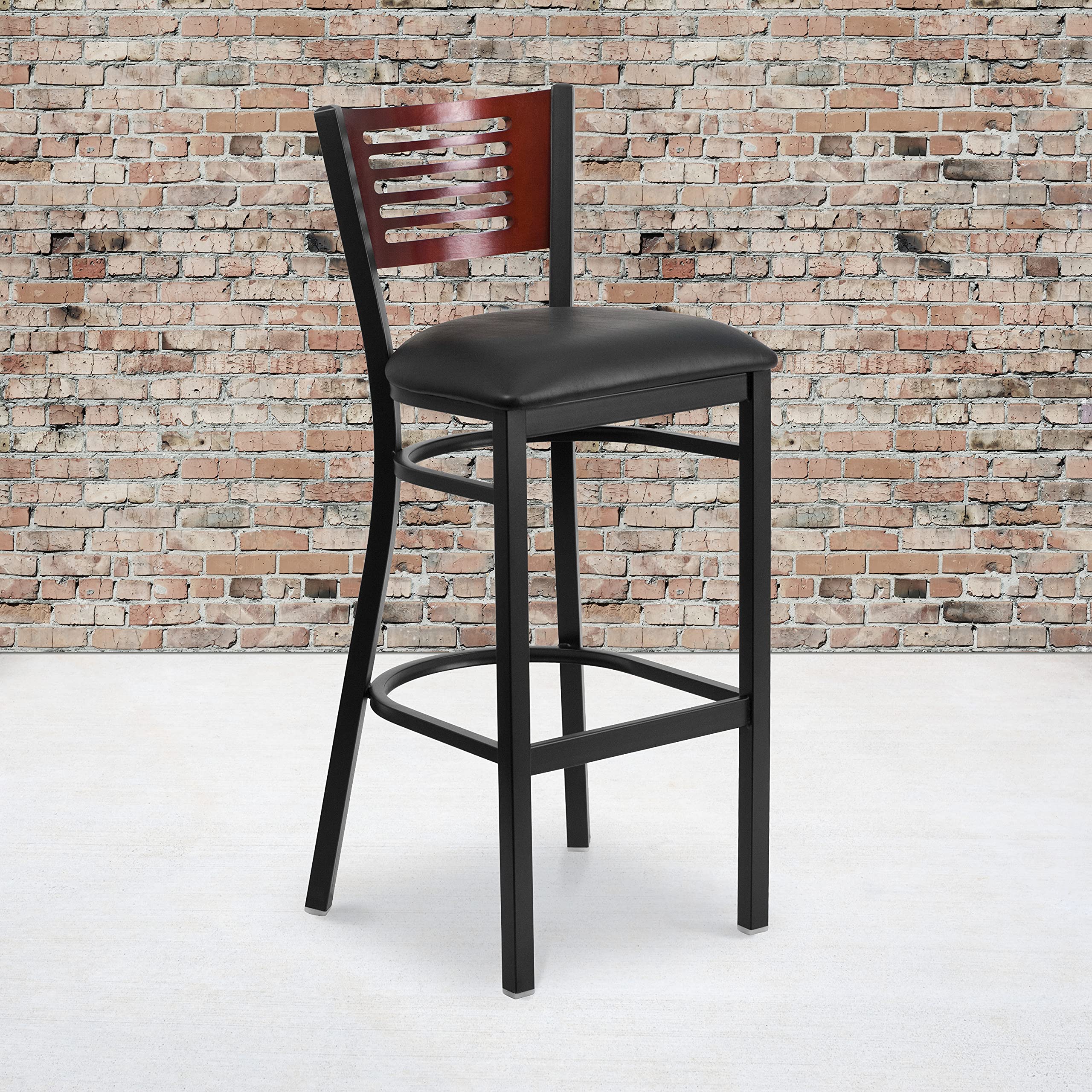 Flash Furniture Hercules Series Black Slat Back Metal Restaurant Barstool - Mahogany Wood Back, Black Vinyl Seat