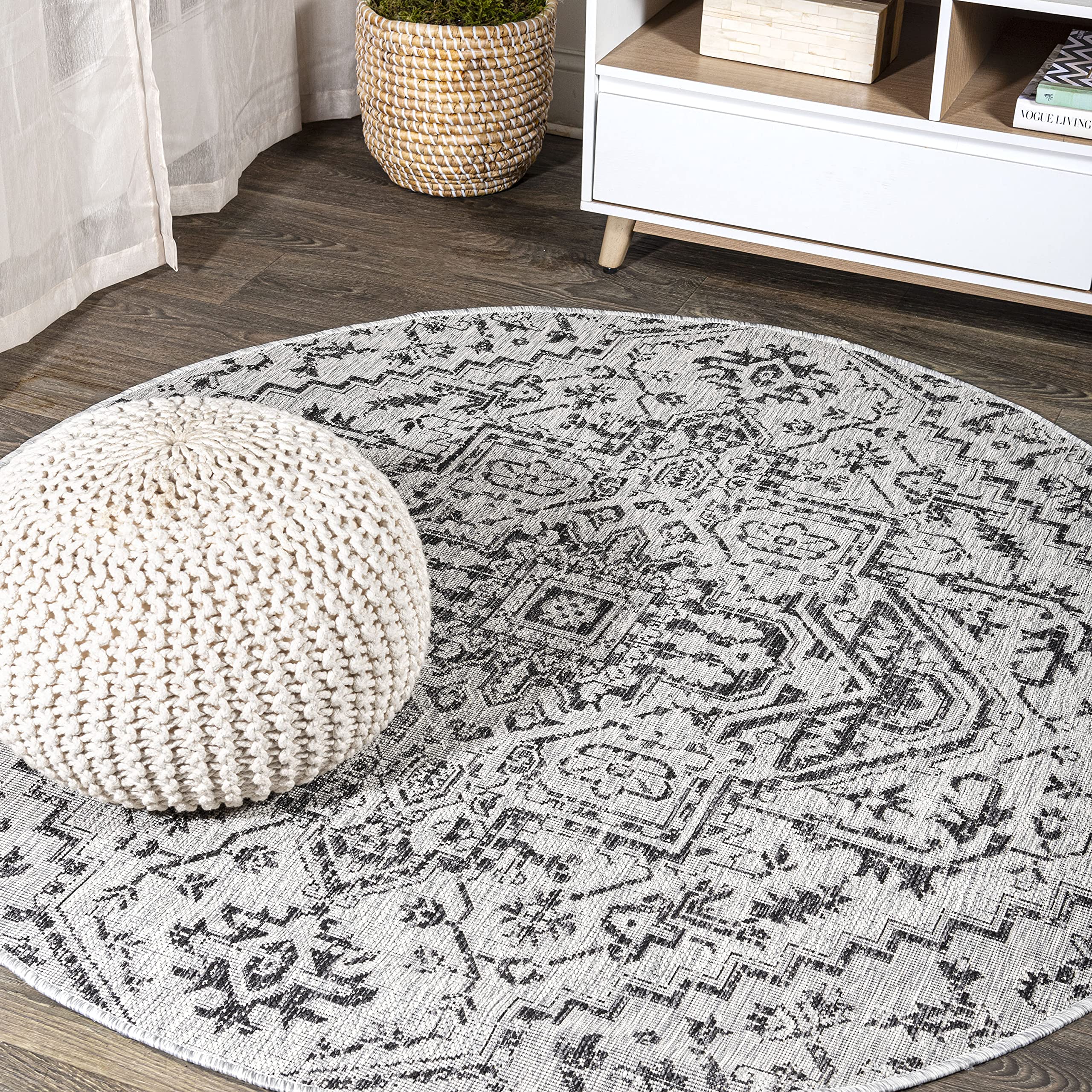 JONATHAN Y SMB105D-8R Estrella Bohemian Medallion Textured Weave Black/Gray 8 Round Indoor/Outdoor Area Rug, Pet Friendly, Non-