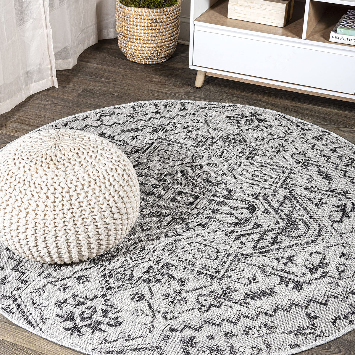 Jonathan Y Smb105D-9R Estrella Bohemian Medallion Textured Weave Black/Gray 9' Round Indoor/Outdoor Area Rug, Pet Friendly, Non-