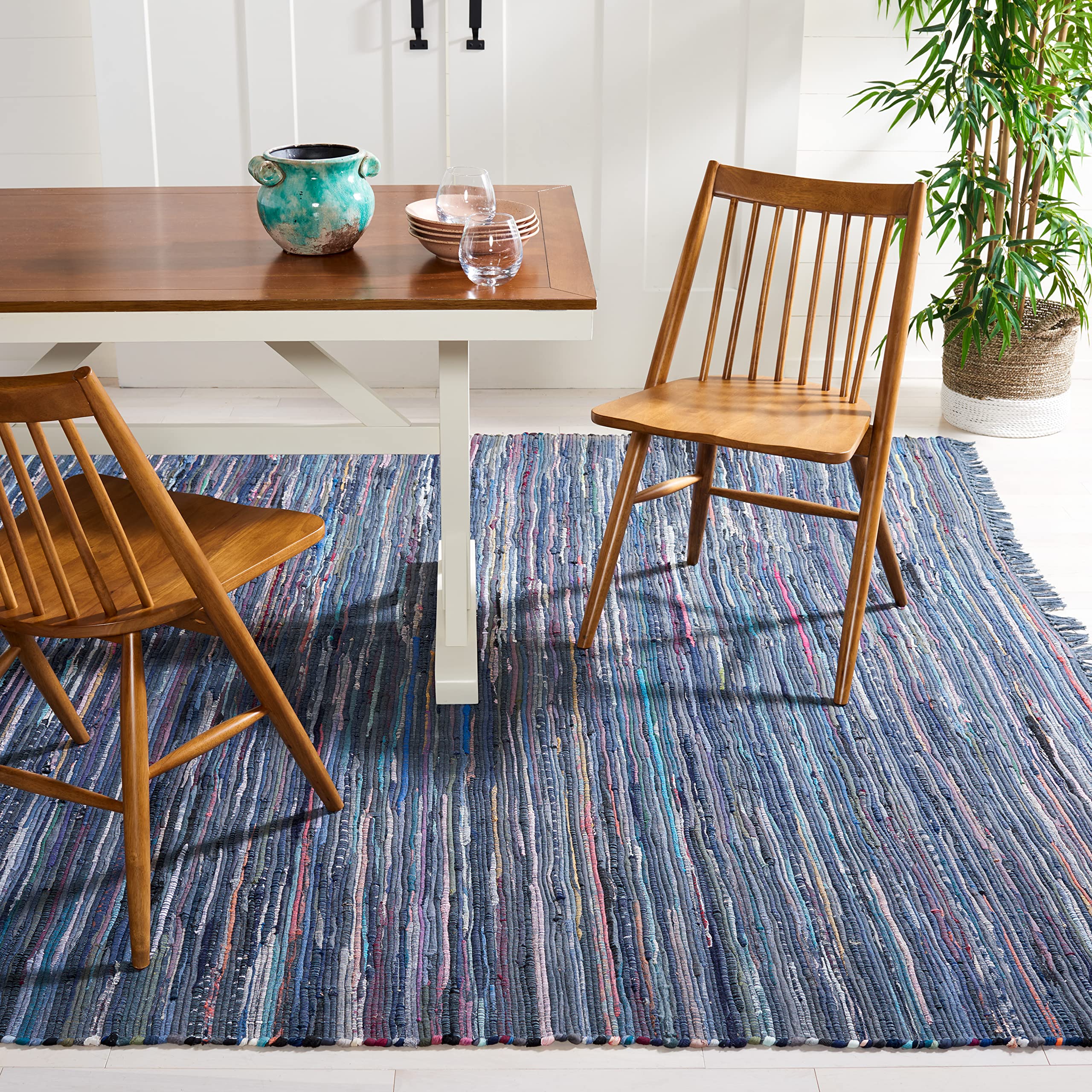 SAFAVIEH Rag Rug Collection Area Rug - 9 x 12, Ink & Multi, Handmade Boho Stripe Cotton, Ideal for High Traffic Areas in Livin