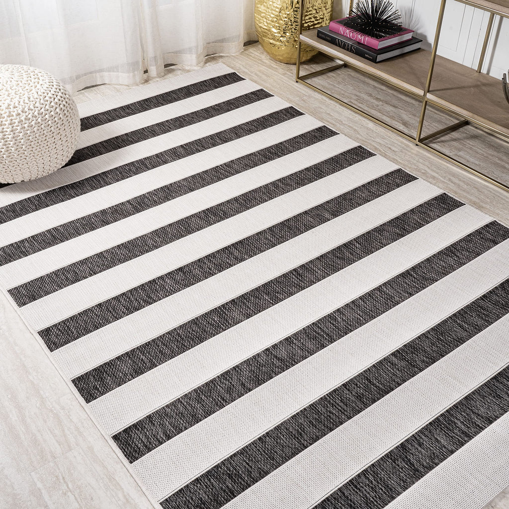 Jonathan Y Smb112B-4 Aveiro Wide Stripe Indoor Outdoor Area Rug, Bohemian, Coastal, Mediterranean Easy Cleaning,Bedroom,Kitchen,Backyard,Patio,Non Shedding, Black/Cream, 4 X 6