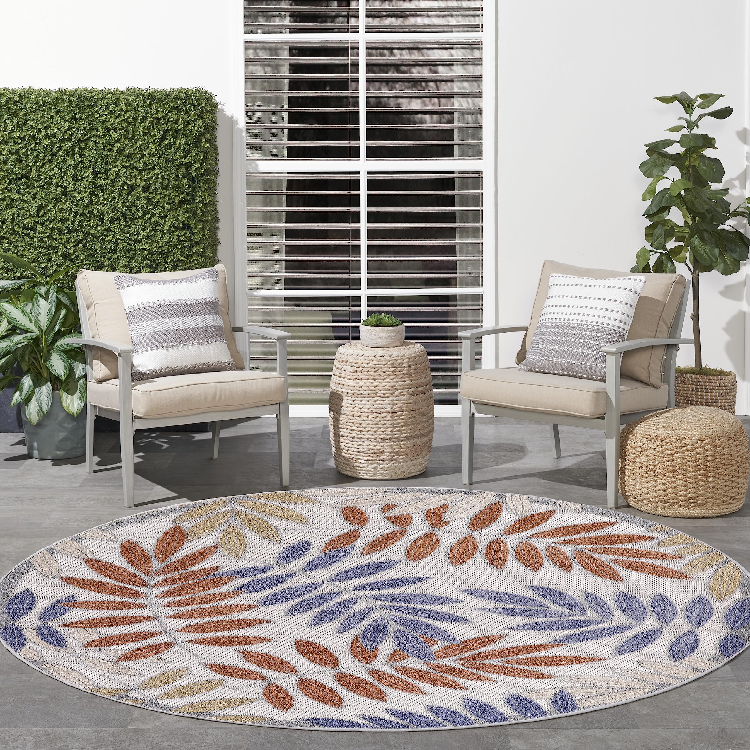 Nourison Aloha Indoor/Outdoor Blue Mocha 7’10” X Round Area Rug, Easy Cleaning, Non Shedding, Bed Room, Living Room, Dining Room, Backyard, Deck, Patio (8 Round)