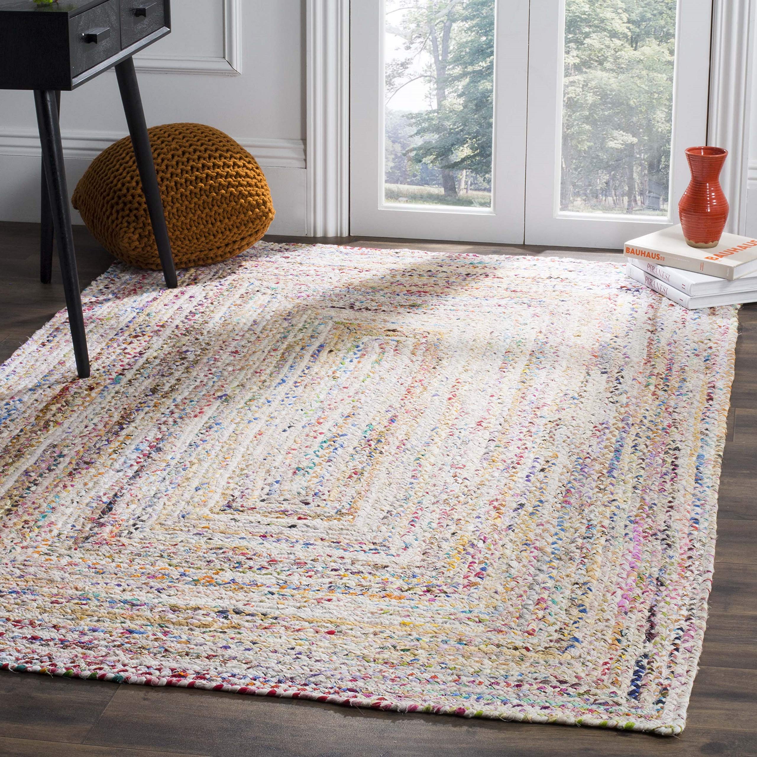 SAFAVIEH Braided Collection Area Rug - 7 Square, Ivory & Multi, Handmade Boho Reversible Cotton, Ideal for High Traffic Areas i