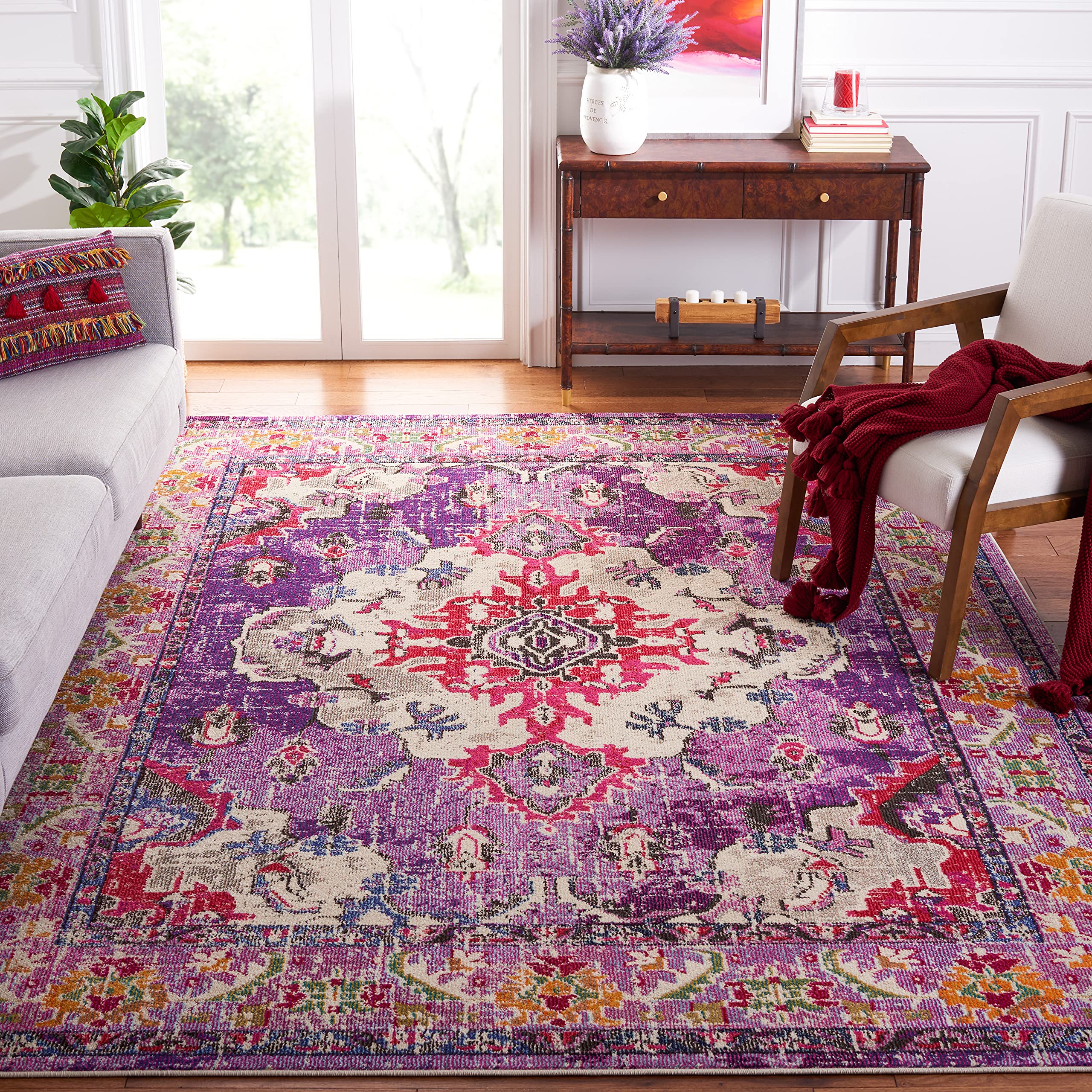 SAFAVIEH Monaco Collection Area Rug - 51 x 77, Violet & Fuchsia, Boho Chic Medallion Distressed Design, Non-Shedding & Easy Ca