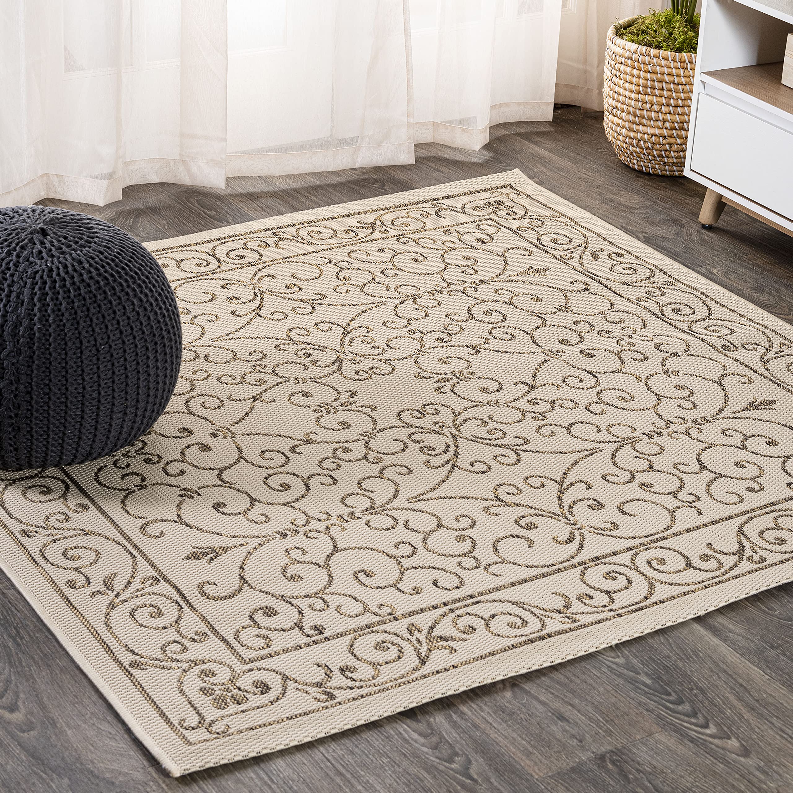 Jonathan Y Smb106A-9Sq Charleston Vintage Filigree Textured Weave Beige/Brown 9' Square Indoor/Outdoor Area Rug, Pet Friendly, N