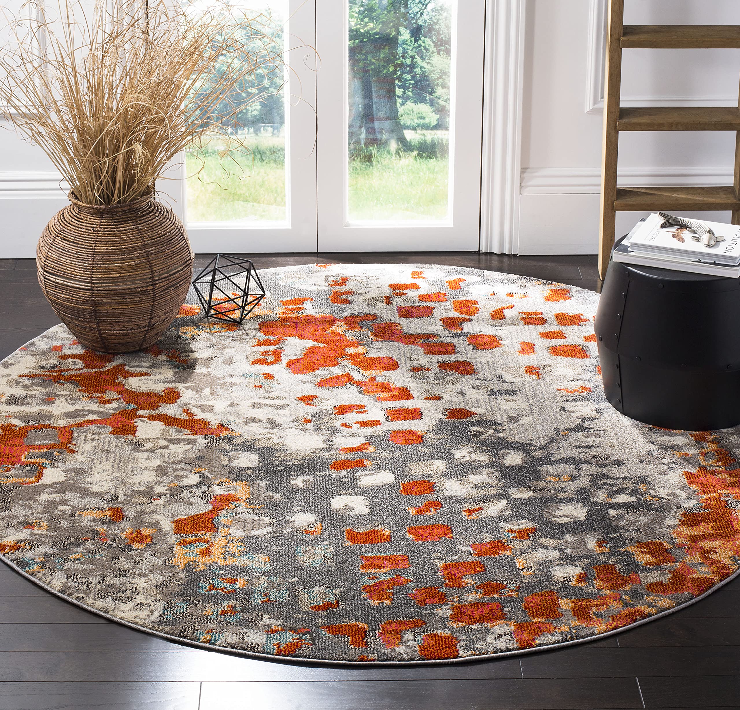 SAFAVIEH Monaco Collection 9 Round GreyOrange MNC225H Boho Chic Abstract Watercolor Non-Shedding Dining Room Entryway Foyer Liv