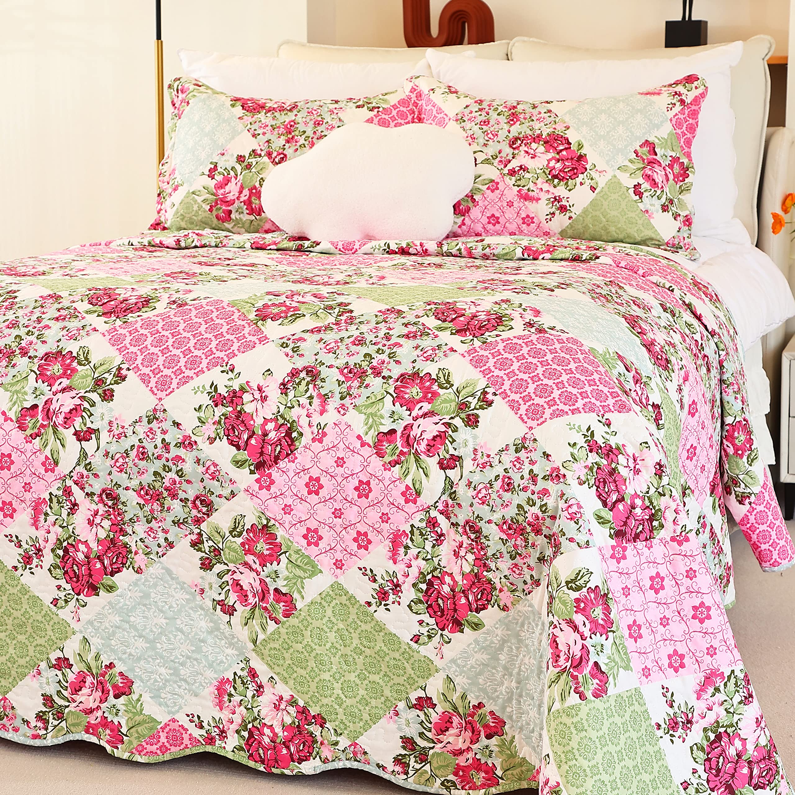 Cmfshape Summer Floral Queen Quilted Bedspread,Romantic Pink Quilt Set Bedding,Reversible Stitched Bedding Set All Season,Soft L