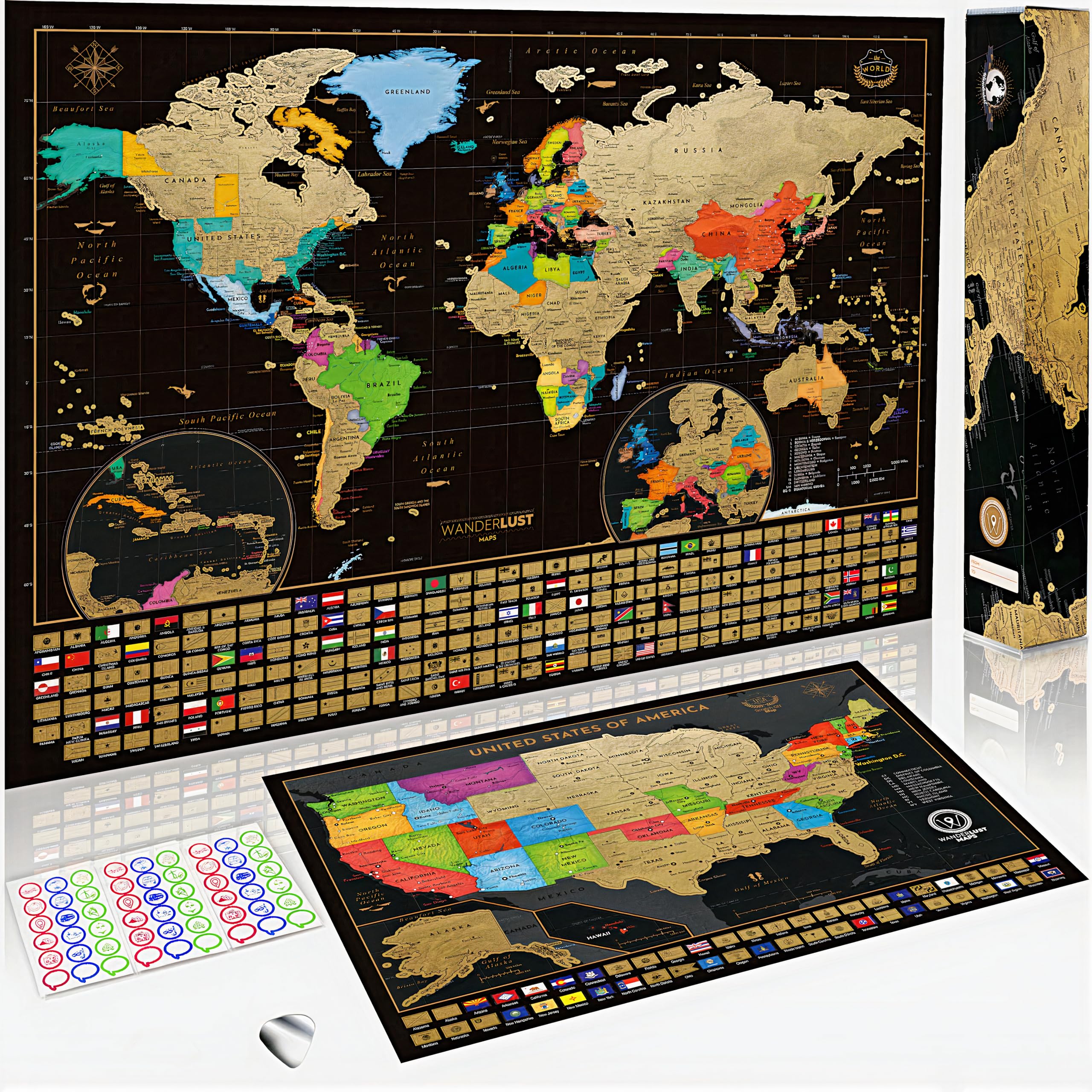 Two Scratch-Off Maps: World Map 17x24 + USA Map - Deluxe Travel Posters - Colorful Countries, US States, and Flags - Easy Scratc