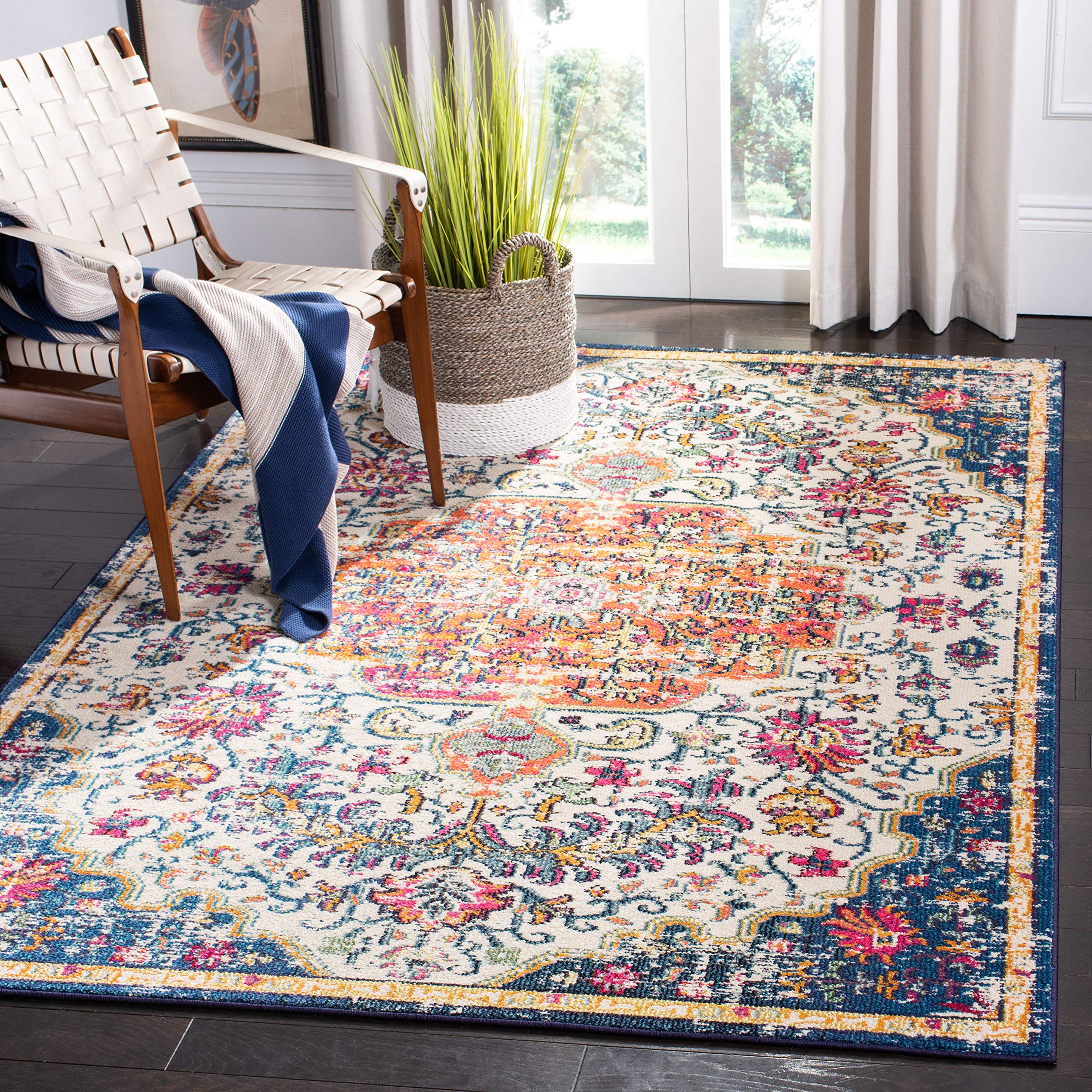 SAFAVIEH Madison Collection Area Rug - 6 x 9, Ivory & Orange, Boho Chic Medallion Distressed Design, Non-Shedding & Easy Care,