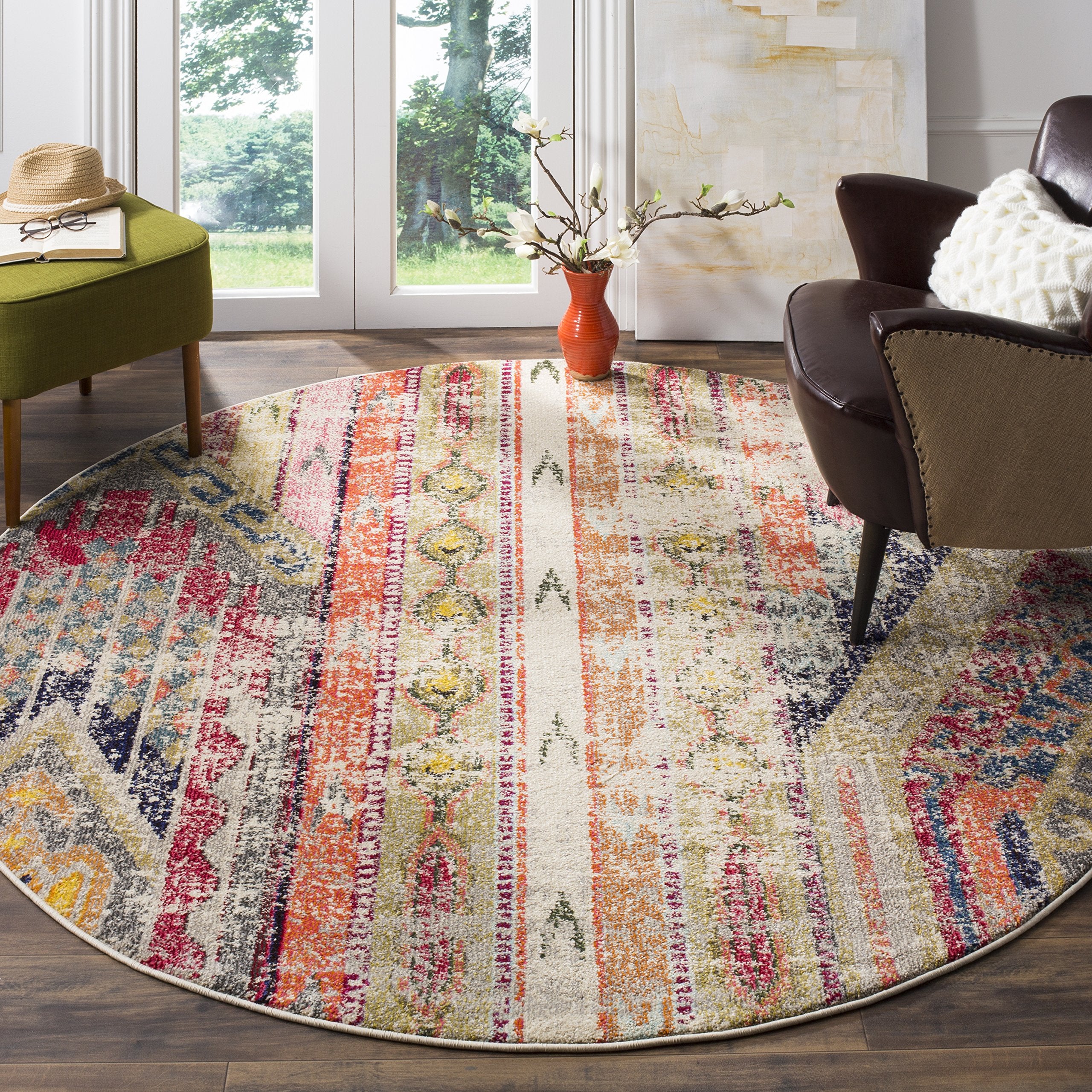 SAFAVIEH Monaco Collection 5 Round Light Grey/Multi MNC222G Boho Chic Tribal Distressed Non-Shedding Dining Room Entryway Foyer