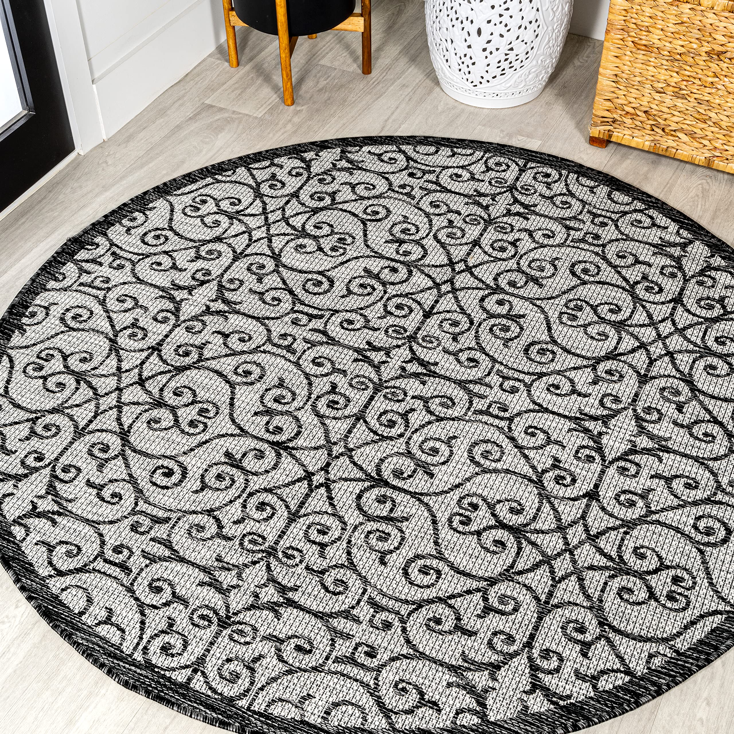 Jonathan Y Smb107E-9R Madrid Vintage Filigree Textured Weave Light Gray/Black 9' Round Indoor/Outdoor Area Rug, Pet Friendly, No