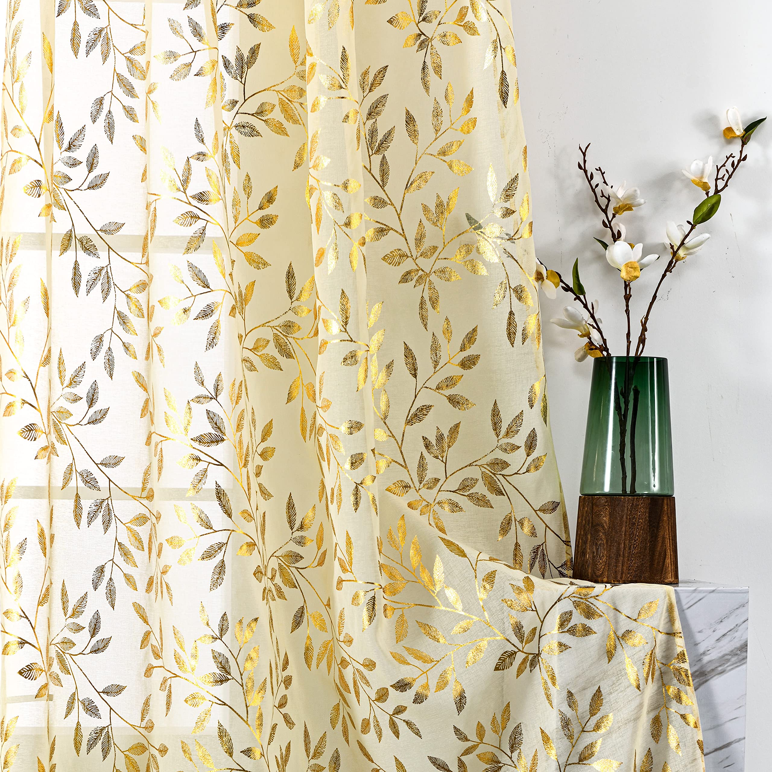 Sutuo Home Beige Sheer Curtains 84 Inch Length 2 Panels Set,Gold Foil Print Metallic Bronzing Leaves, Privacy Window Treatment D