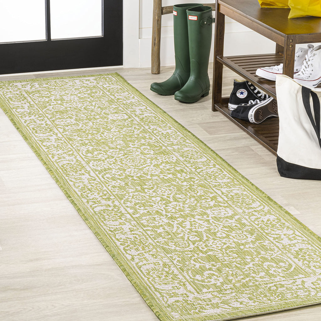 Jonathan Y Smb100D-210 Tela Bohemian Textured Weave Floral Indoor Outdoor -Area Rug, Coastal, Traditional, Transitional Easy-Cleaning,Bedroom,Kitchen,Backyard,Patio,Non Shedding, Green/Cream, 2 X 10