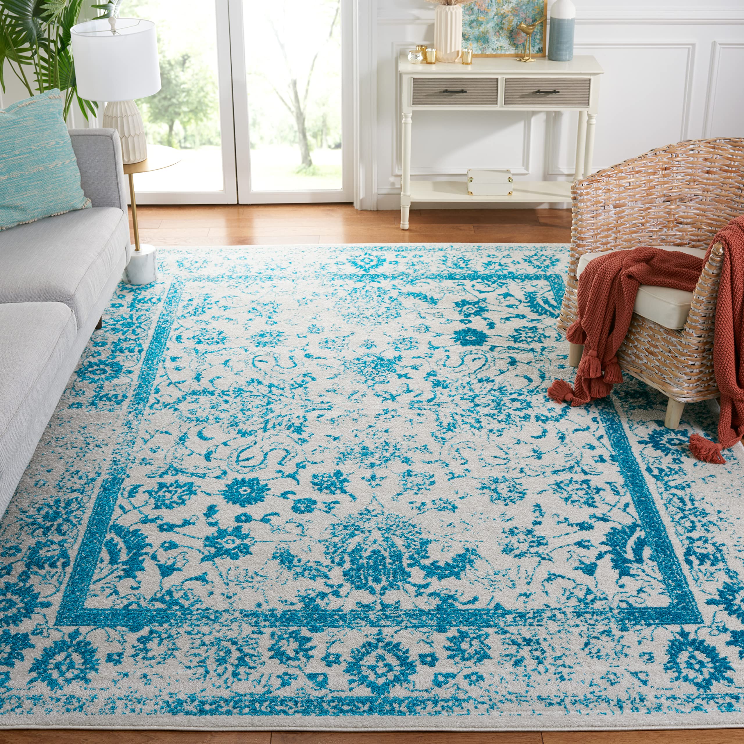 Safavieh Adirondack Collection Area Rug - 9 x 12, Ivory & Teal, Oriental Distressed Design, Non-Shedding & Easy Care, Ideal fo