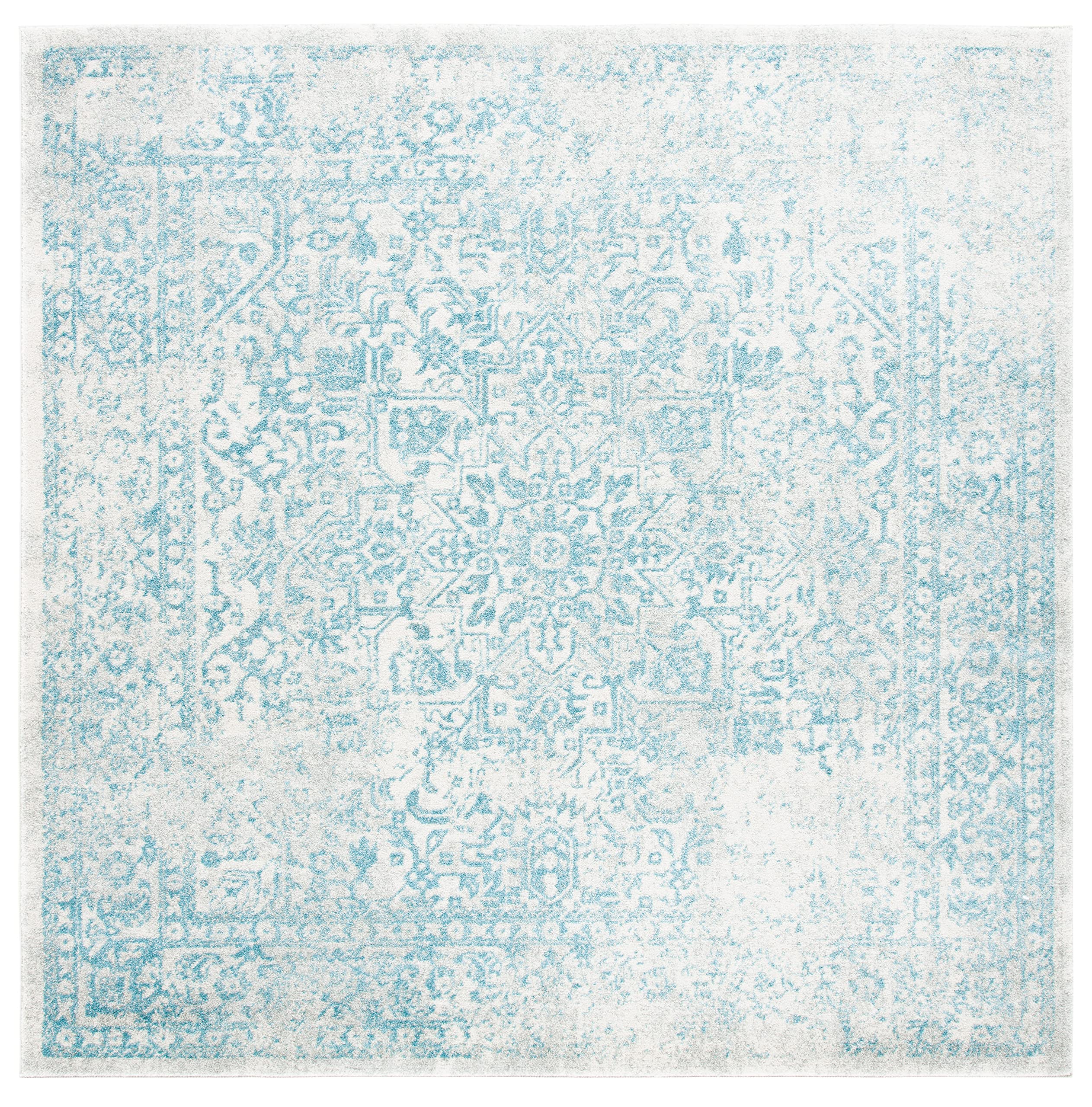 SAFAVIEH Evoke Collection Accent Rug - 3 Square, Ivory & Aqua, Distressed Design, Non-Shedding & Easy Care, Ideal for High Traf
