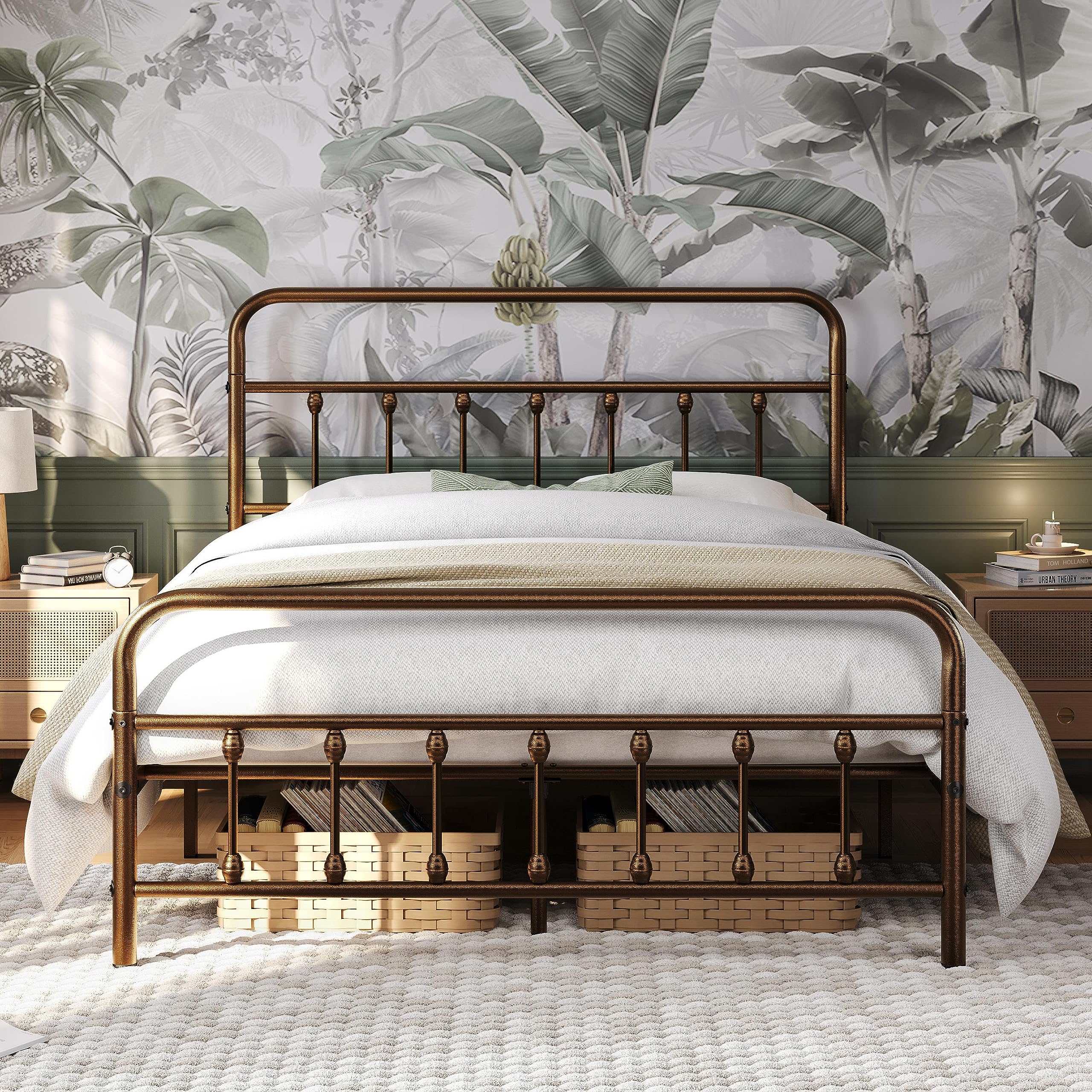 Yaheetech Classic Metal Platform Bed Frame Mattress Foundation With Victorian Style Iron-Art Headboard/Footboard/Under Bed Storage No Box Spring Needed Bronze Full Size