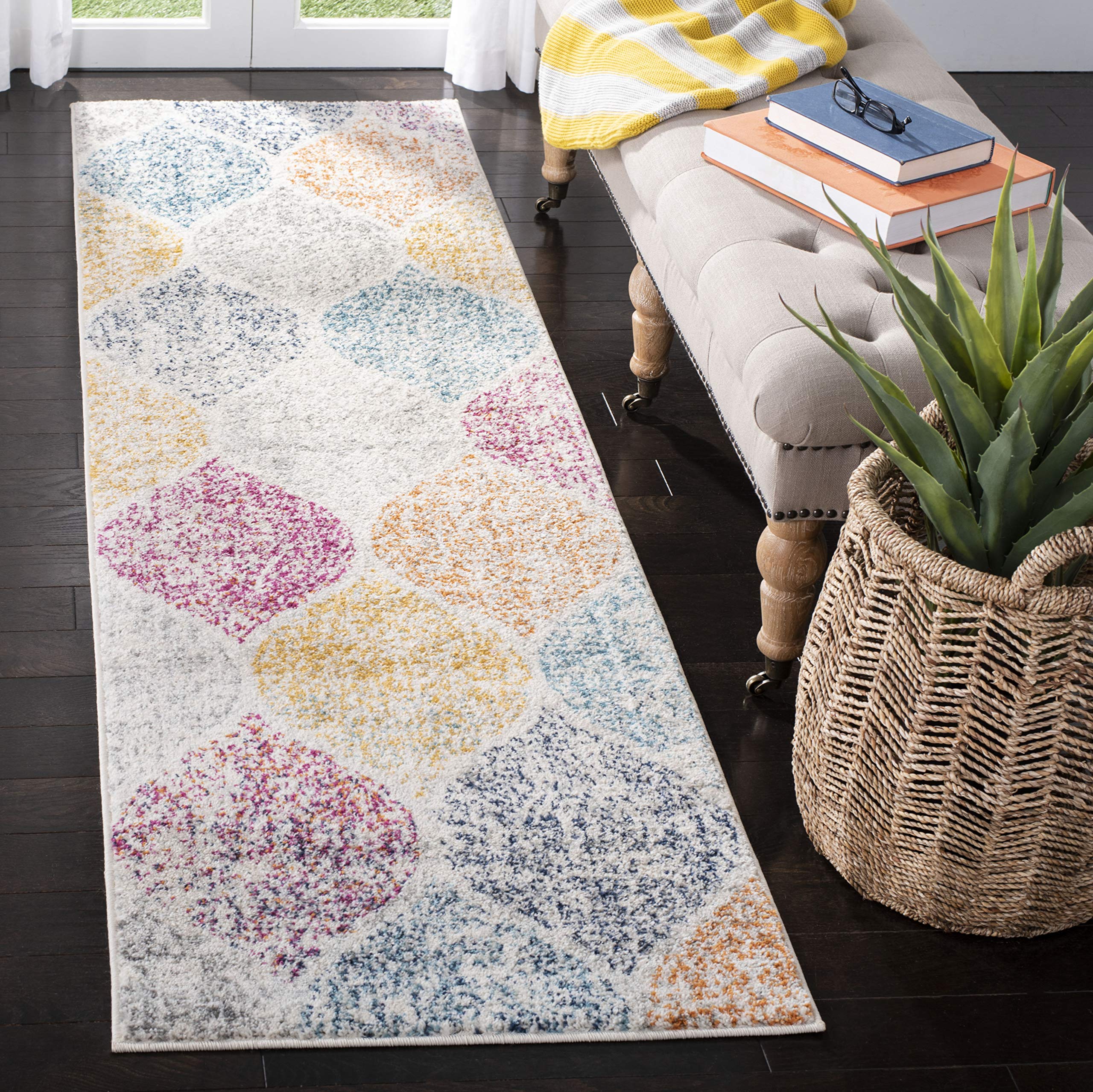 SAFAVIEH Madison Collection Runner Rug - 23 x 6, Creme & Yellow, Glam Ogee Trellis Distressed Design, Non-Shedding & Easy Care