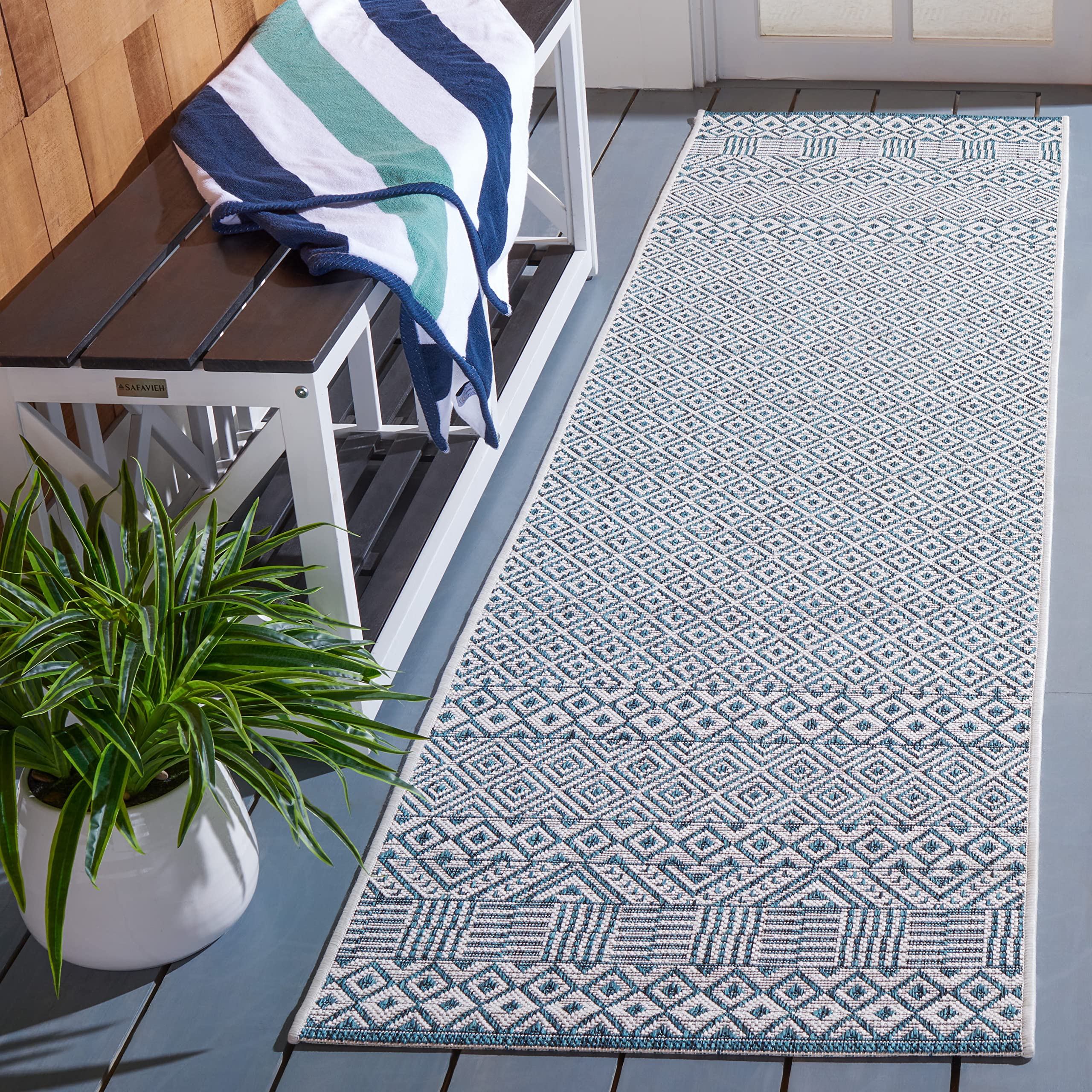 Safavieh Courtyard Collection 2'3' X 8' Ivory/Aqua Cy8235 Indoor/ Outside Waterproof Easy Cleansingpatio Backyard Mudroom Runne