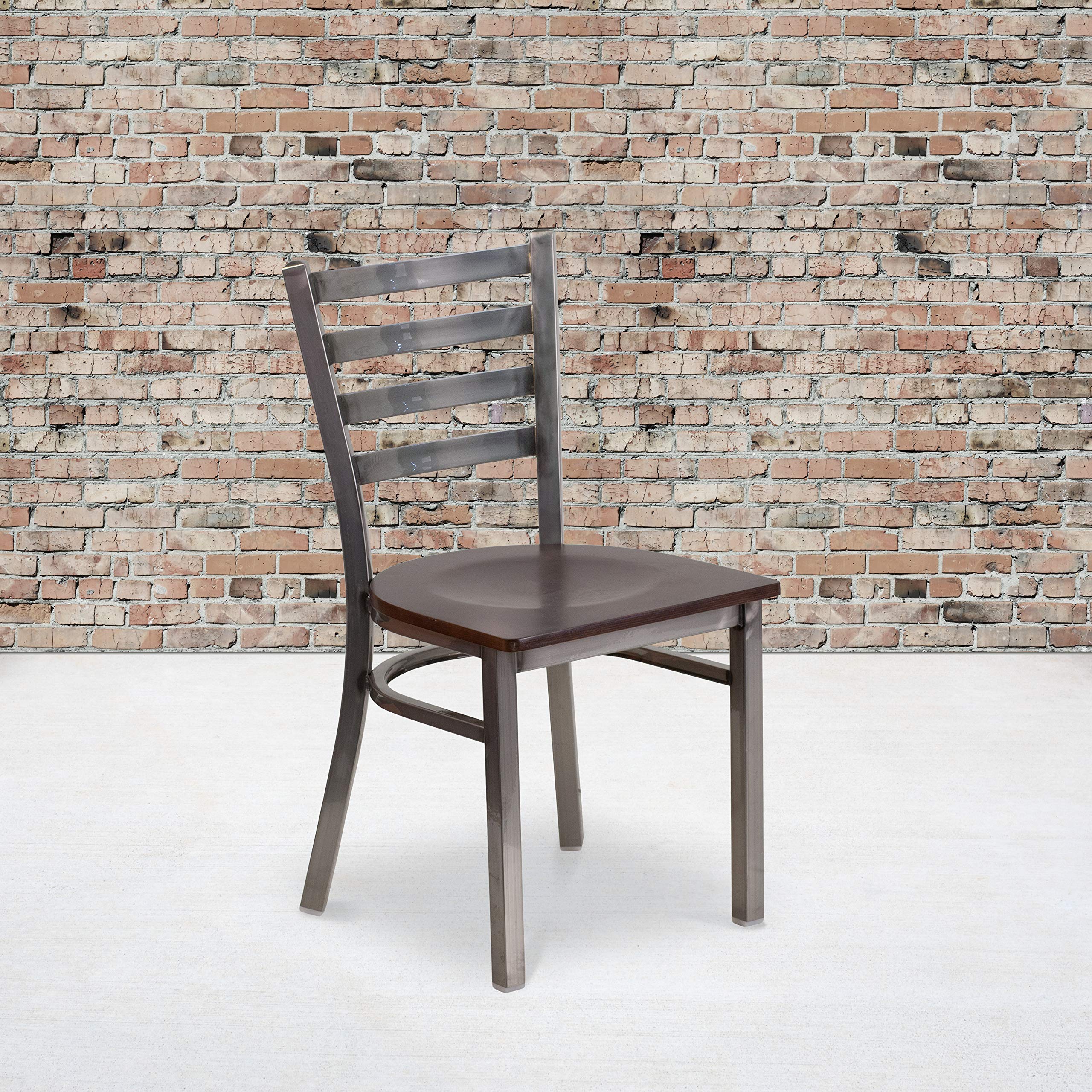 Flash Furniture Hercules Series Clear Coated Ladder Back Metal Restaurant Chair - Walnut Wood Seat