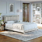 Boyd Sleep Beaumont Upholstered Platform Bed with Headboard, Mattress Foundation with Strong 14 Wood Slat Supports, No Box Spring Required, White Linen, Size Twin