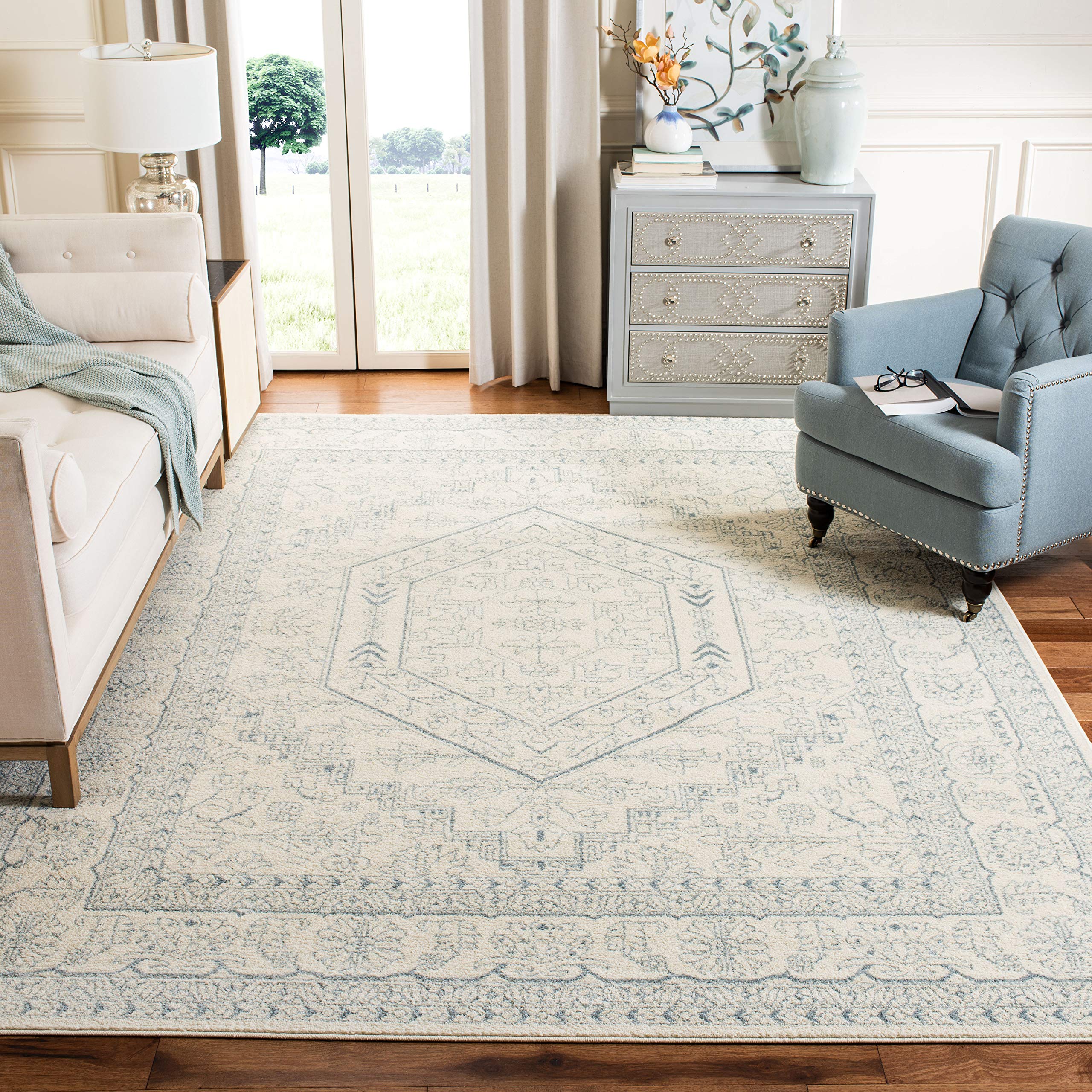 SAFAVIEH Adirondack Collection Area Rug - 9 x 12, Ivory & Slate, Oriental Medallion Design, Non-Shedding & Easy Care, Ideal fo