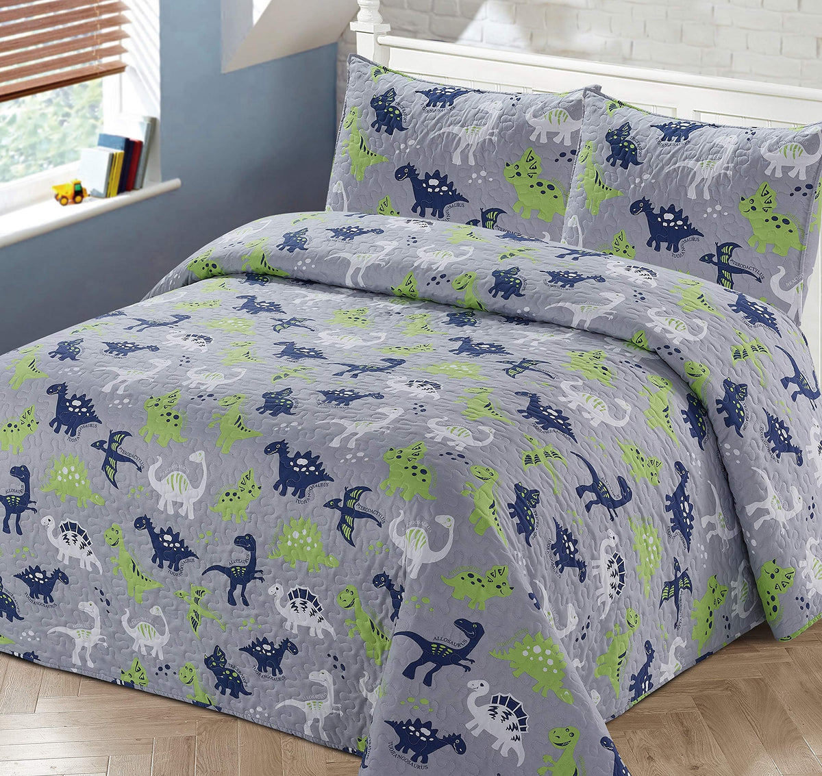 2Pc Twin Bedspread Coverlet Quilt Set Kids/Teens Boys Children Multi-Color Dinosaurs Blue Green White Grey Dino Land All Dinosau