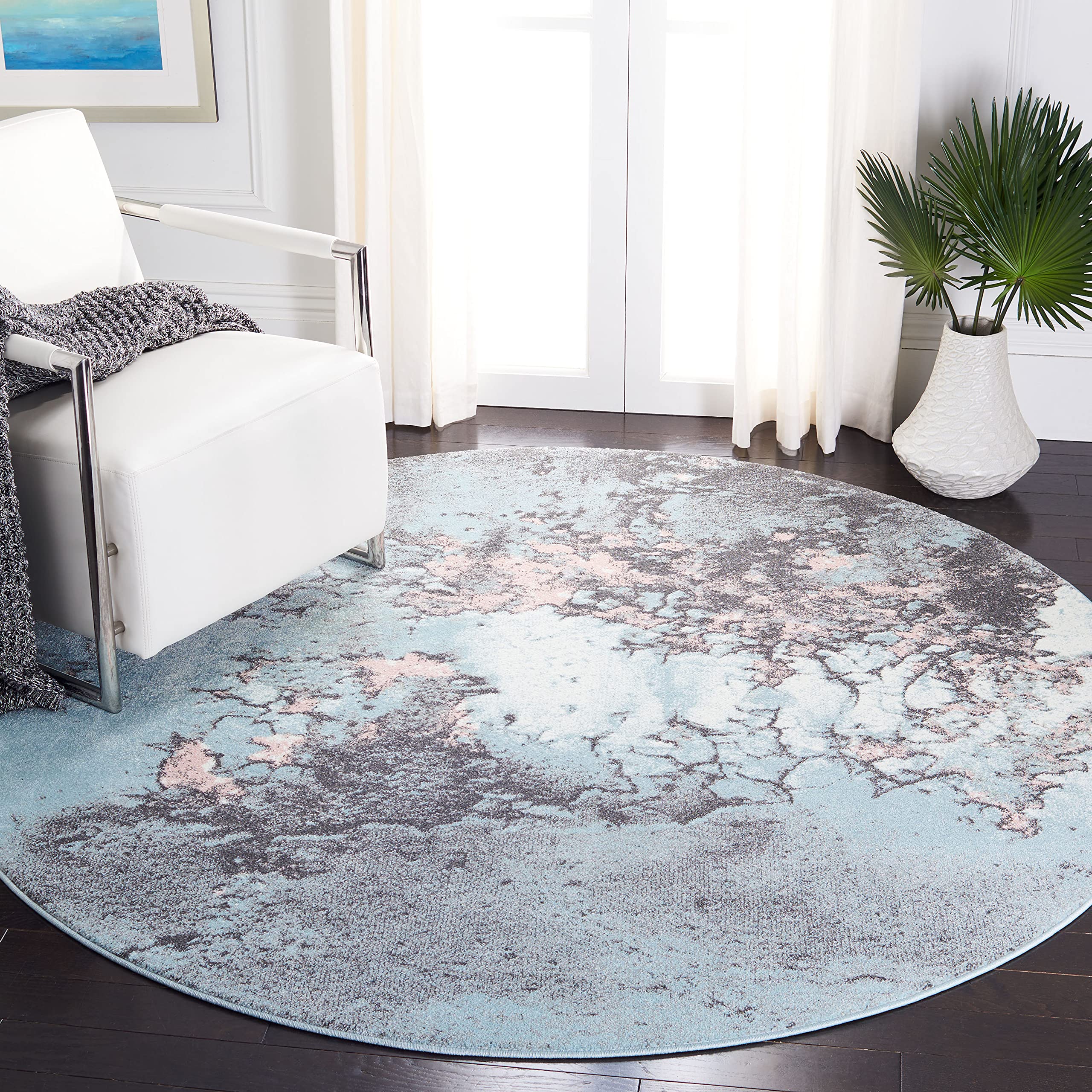 SAFAVIEH Glacier Collection 3 Round Blue/Pink GLA125L Modern Abstract Non-Shedding Living Room Bedroom Area Rug
