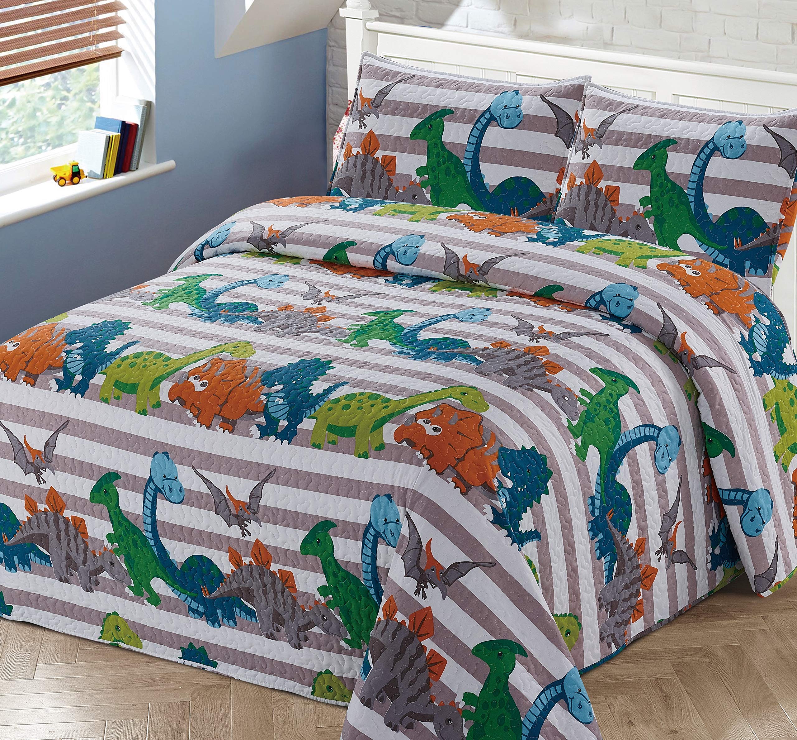 3Pc Full/Queen Bedspread Coverlet Quilt Set For Kids Multi-Color Dinosaurs Stripe Quilt Grey Orange White Green Blue.
