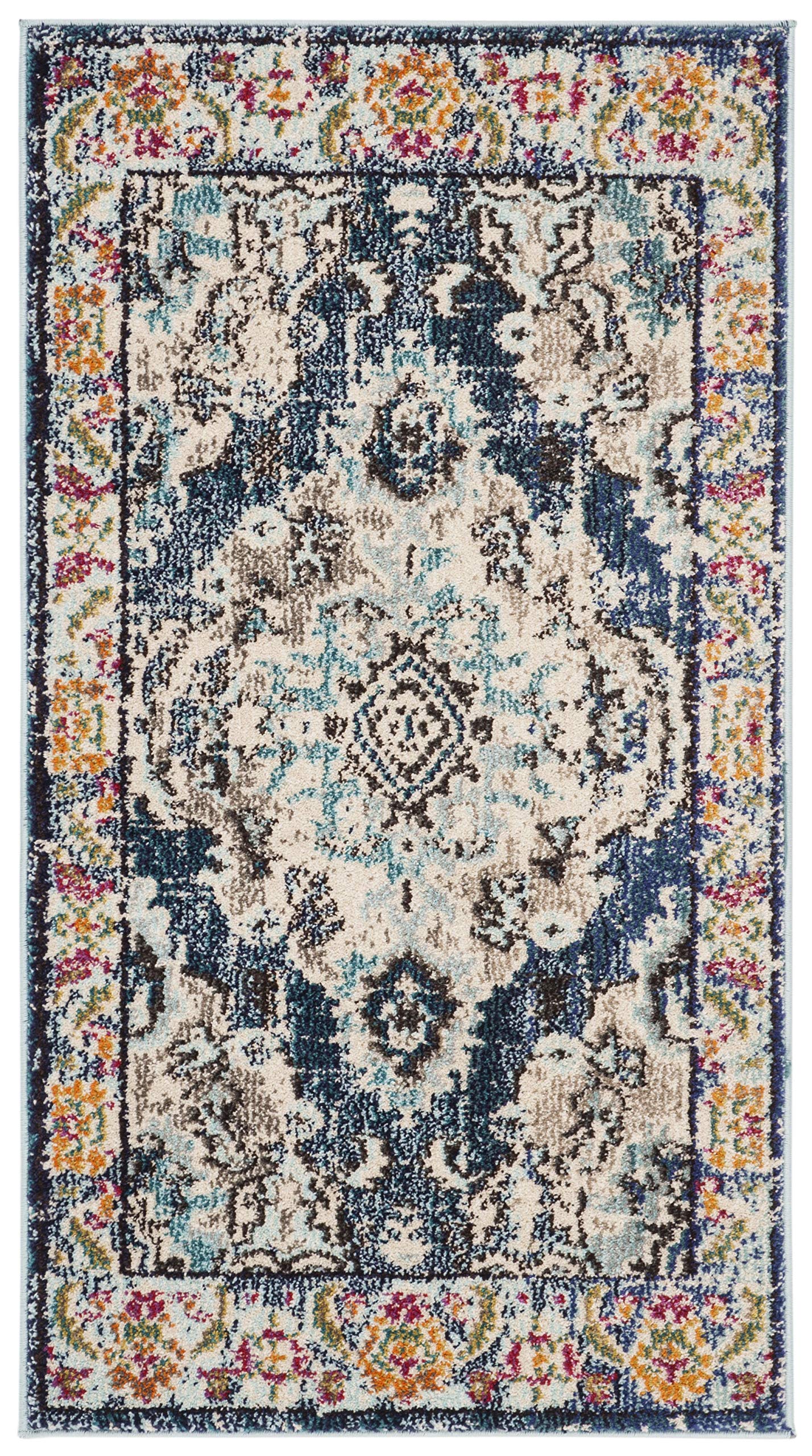 SAFAVIEH Monaco Collection Accent Rug - 22 x 4, Navy & Light Blue, Medallion Distressed Design, Non-Shedding & Easy Care, Idea
