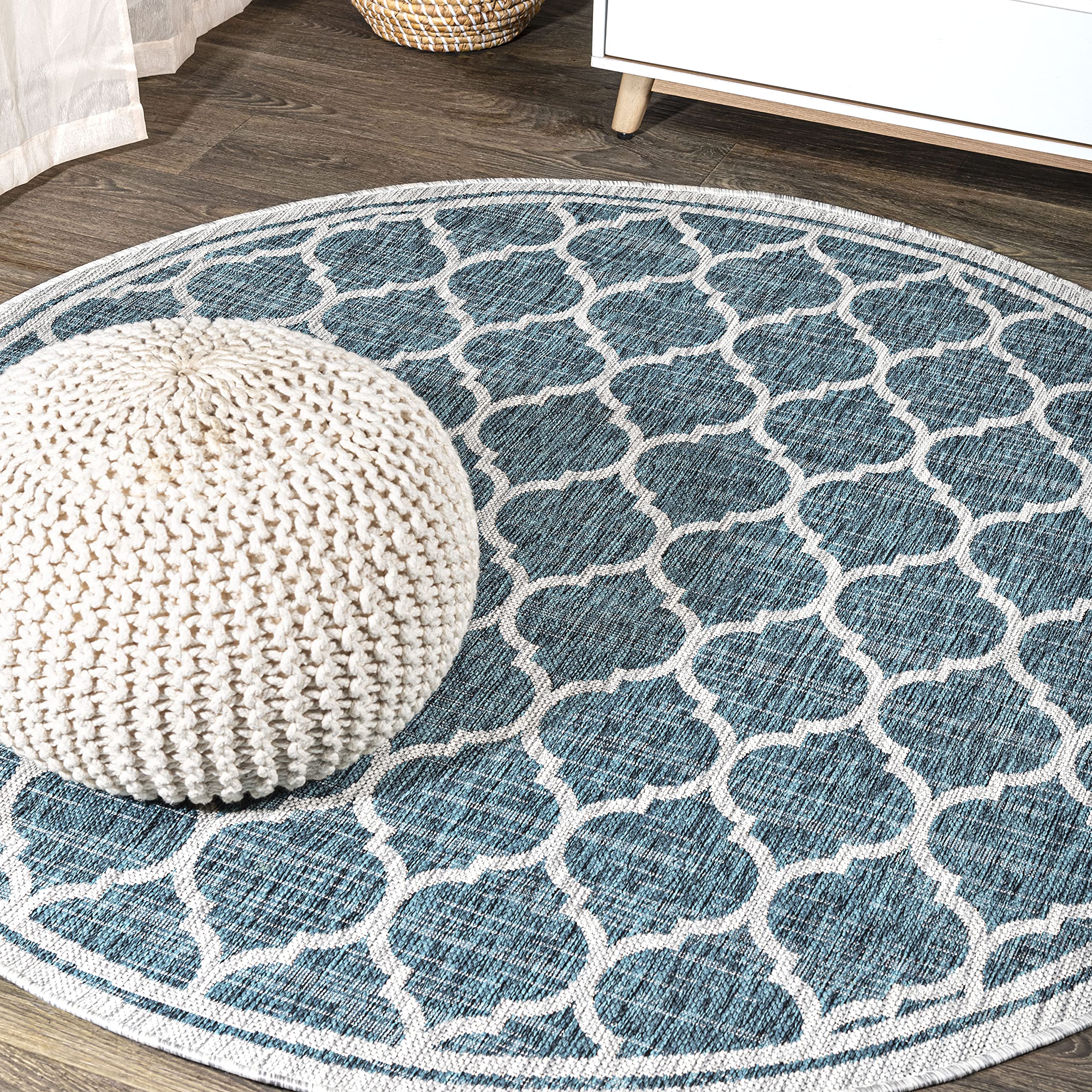 Jonathan Y Smb109E-8R Trebol Moroccan Trellis Textured Weave Teal/Gray 8' Round Indoor/Outdoor Area Rug, Pet Friendly, Non-Shedd
