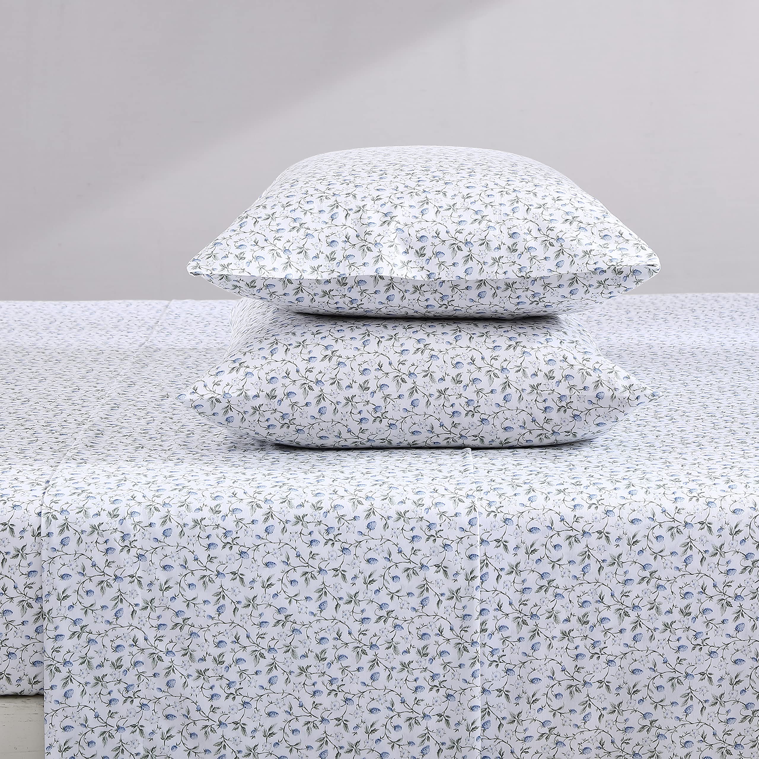 Laura Ashley Home Queen Sheet Set, Soft Sateen Cotton Bedding Set - Sleek, Smooth, & Breathable, Bramble Vine Green
