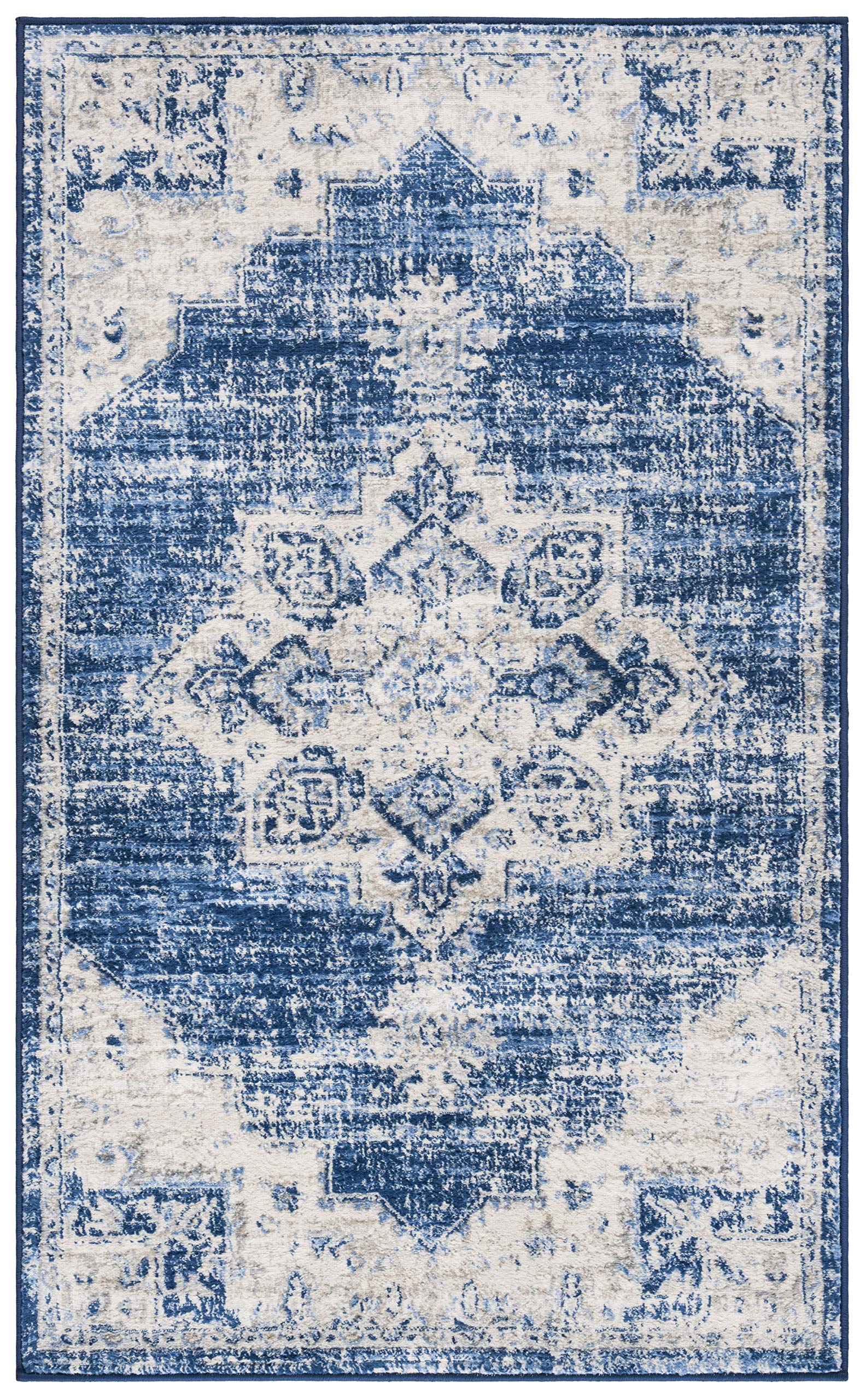 SAFAVIEH Brentwood Collection 2 x 4 Ivory / Navy BNT865A Medallion Distressed Non-Shedding Living Room Bedroom Accent Rug